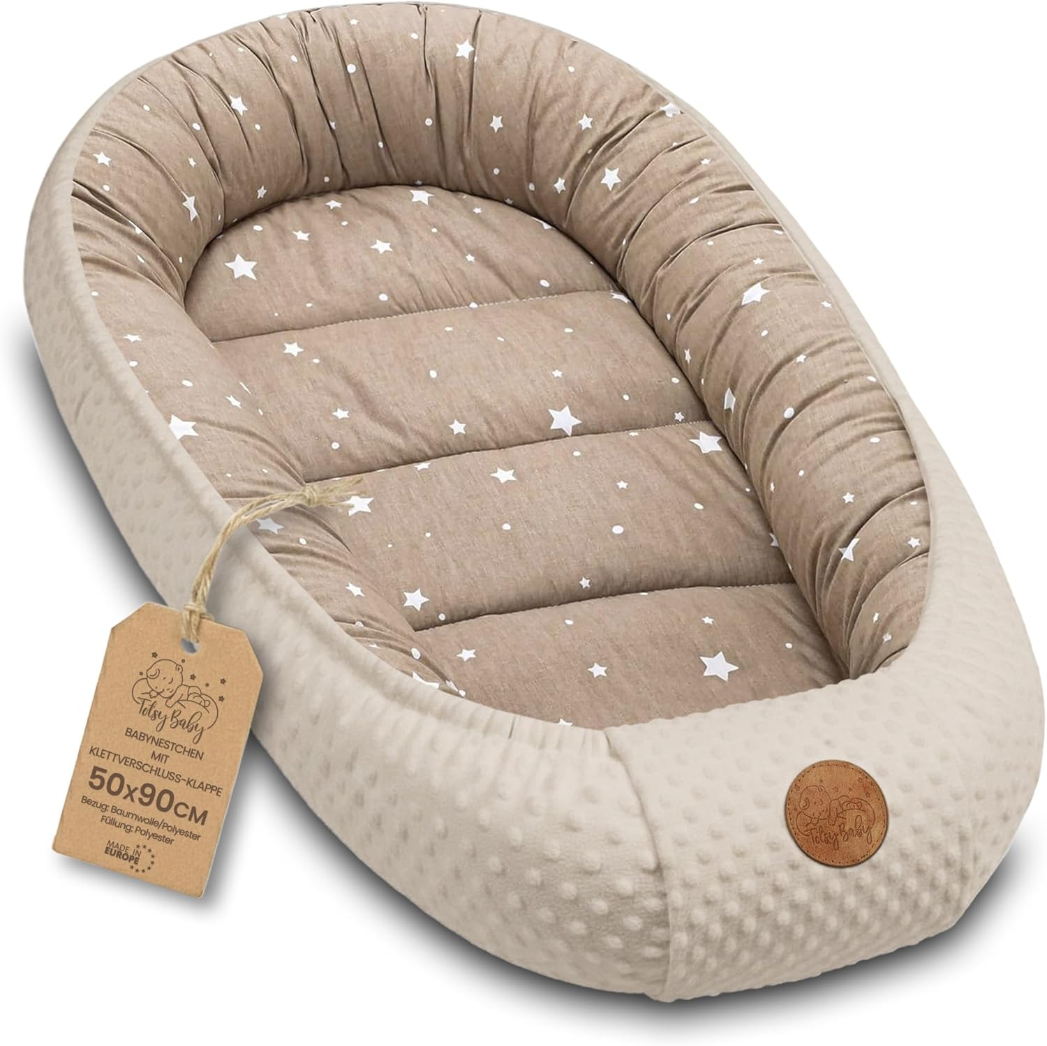 Riduttore lettino neonato 90x50 cm per Cocoonababy, Babynest e nido antisoffoco beige con stelle bianche