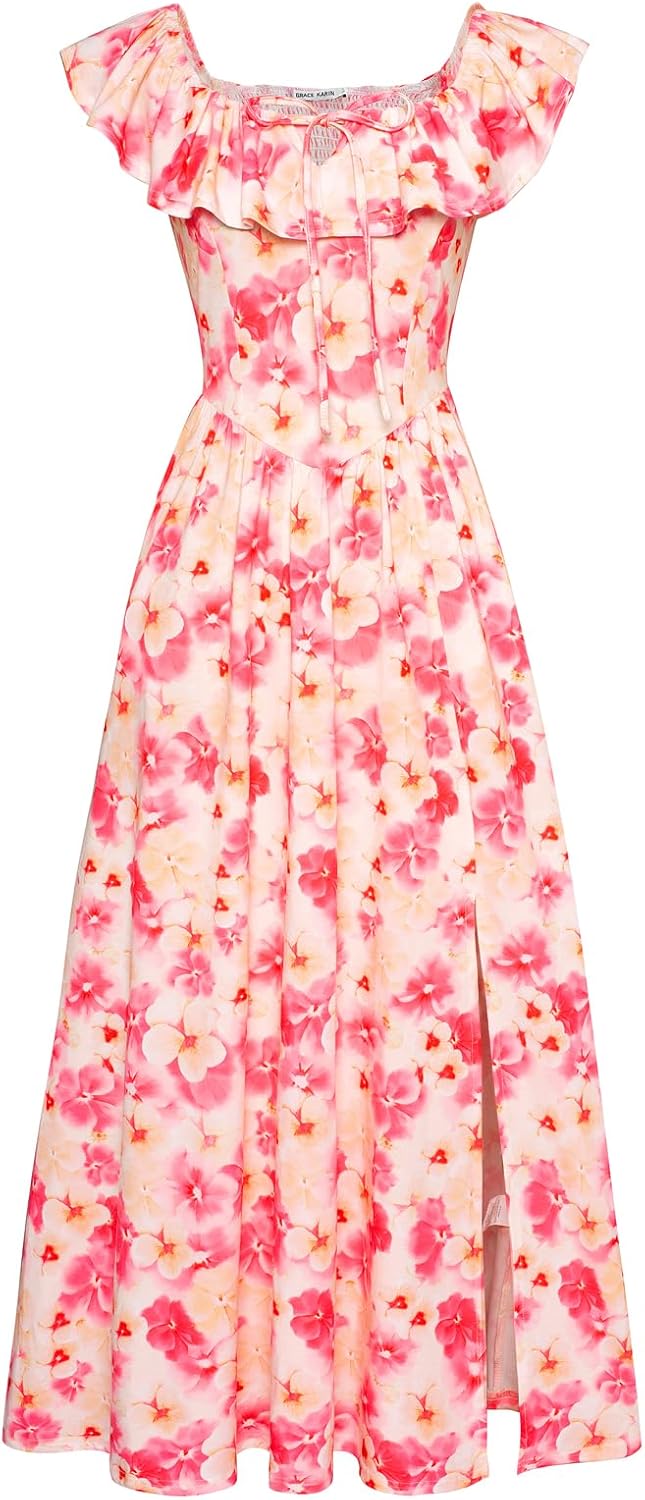 Detalle de Grace Karin Robe Longue Femme Épaules Dénudées – Imprimé Floral Bleu Blanc