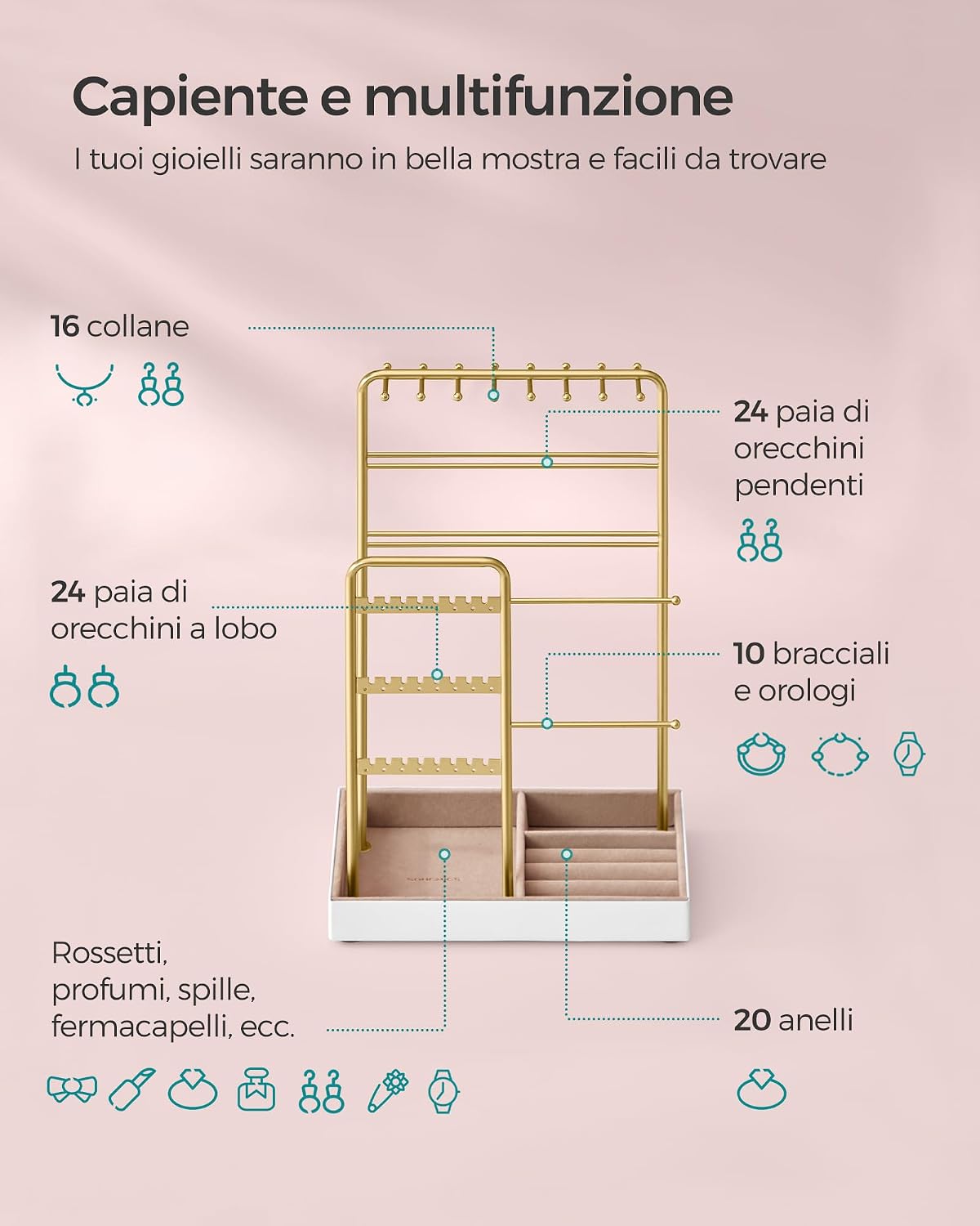 Detalle 2 de SONGMICS Portagioie JJS021A01 in metallo e velluto, per collane, orecchini e anelli (dorato)