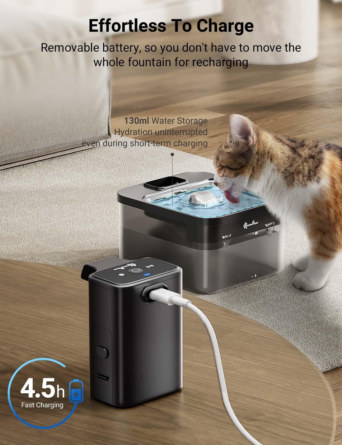 Detalle de DownyPaws Wireless Cat Water Fountain – 2.5L, Battery-Operated, Motion Sensor & Stainless Steel Tray