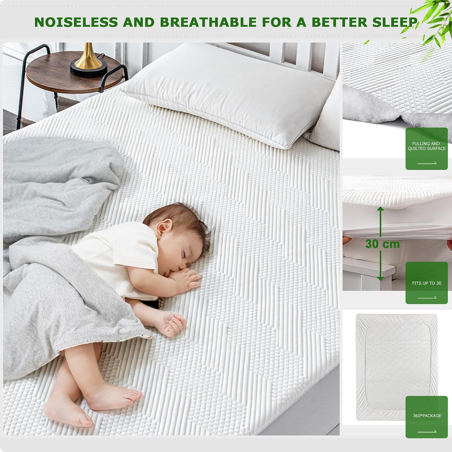 Detalle 2 de GRT Bamboo Waterproof Mattress Protector Double Bed with 3D Air Fabric and 30cm Deep Skirt (137 x 190 cm)