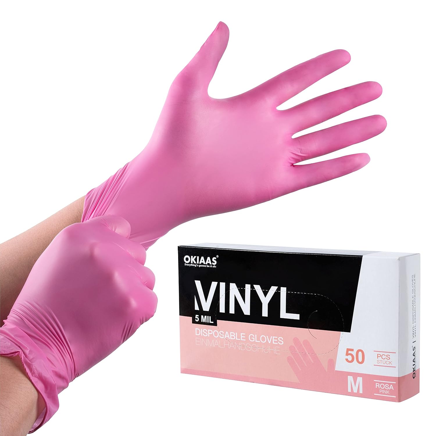 OKIAAS Pink Gloves M – Latex-Free Vinyl Gloves, 50 Count (Medium)
