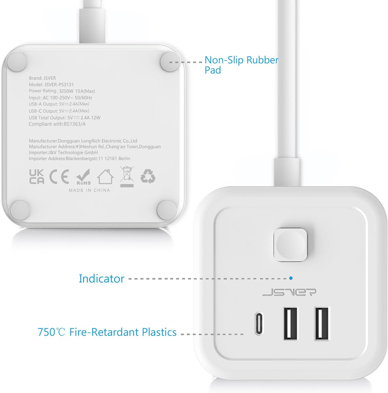 Detalle 2 de JSVER Cube Extension Lead 2m with USB ports ๐