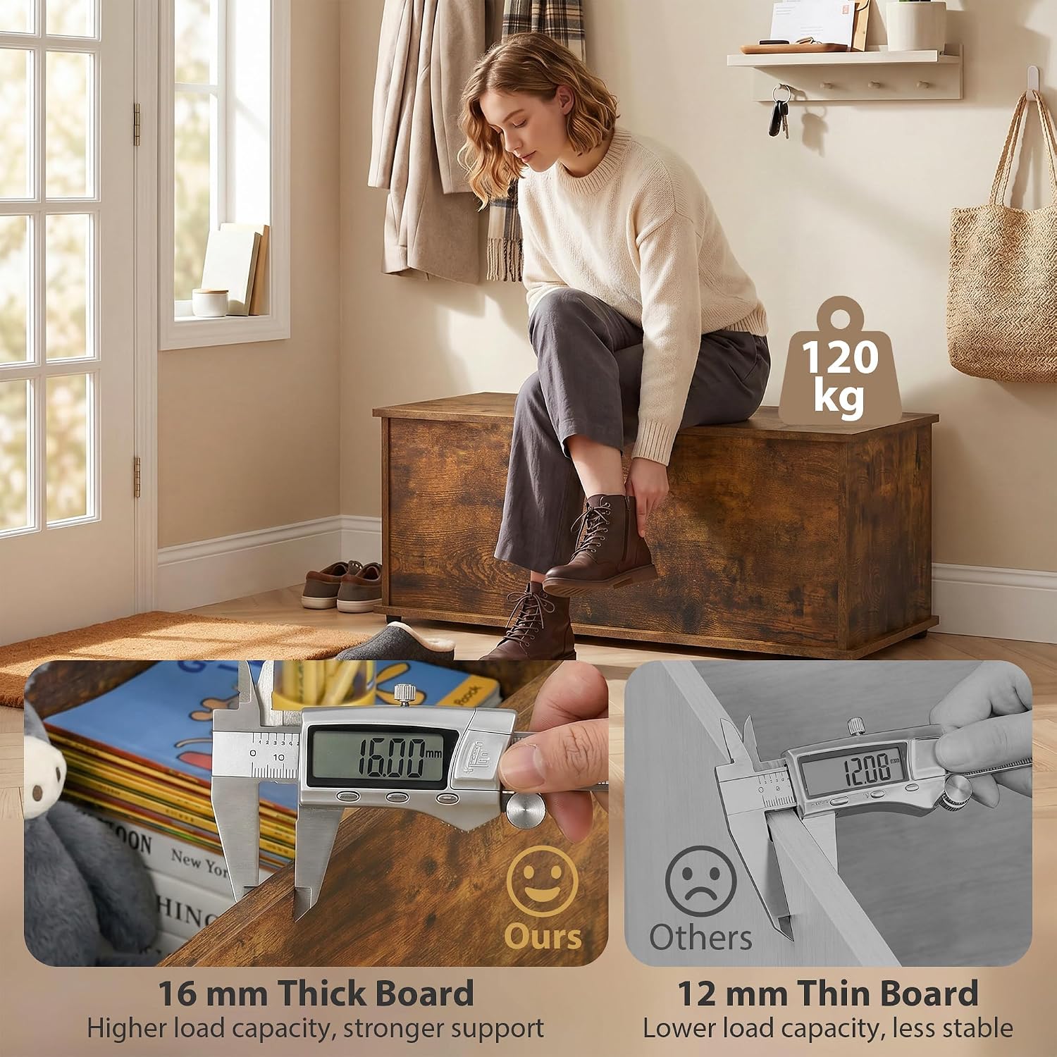 Thumbnail 5 de HOMCOM Large 113L Storage Chest – Rustic Brown Blanket Box & Shoe Bench (100 x 40 x 40 cm)