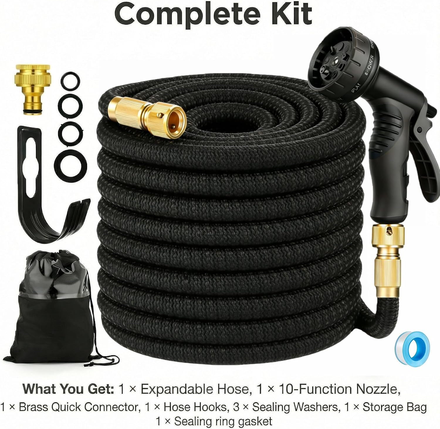 Detalle de Expandable Garden Hose, 100ft – Upgraded 3-Layer Latex, No-Kink with 10-Pattern Nozzle & Solid Brass Connectors