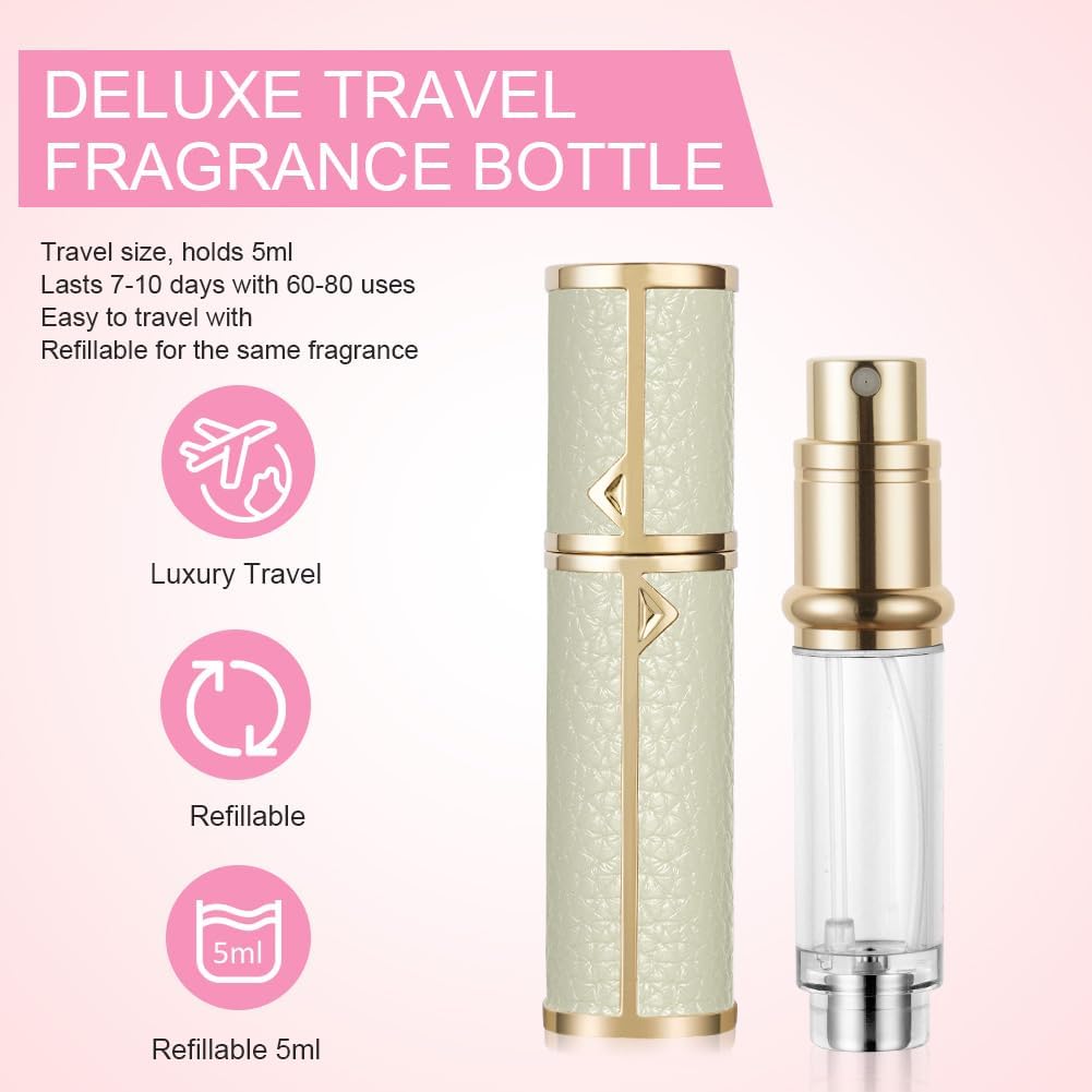 Detalle de LOPHE flacone spray da viaggio per profumo ricaricabile 5 ml in similpelle PU motivo litchi (bianco)
