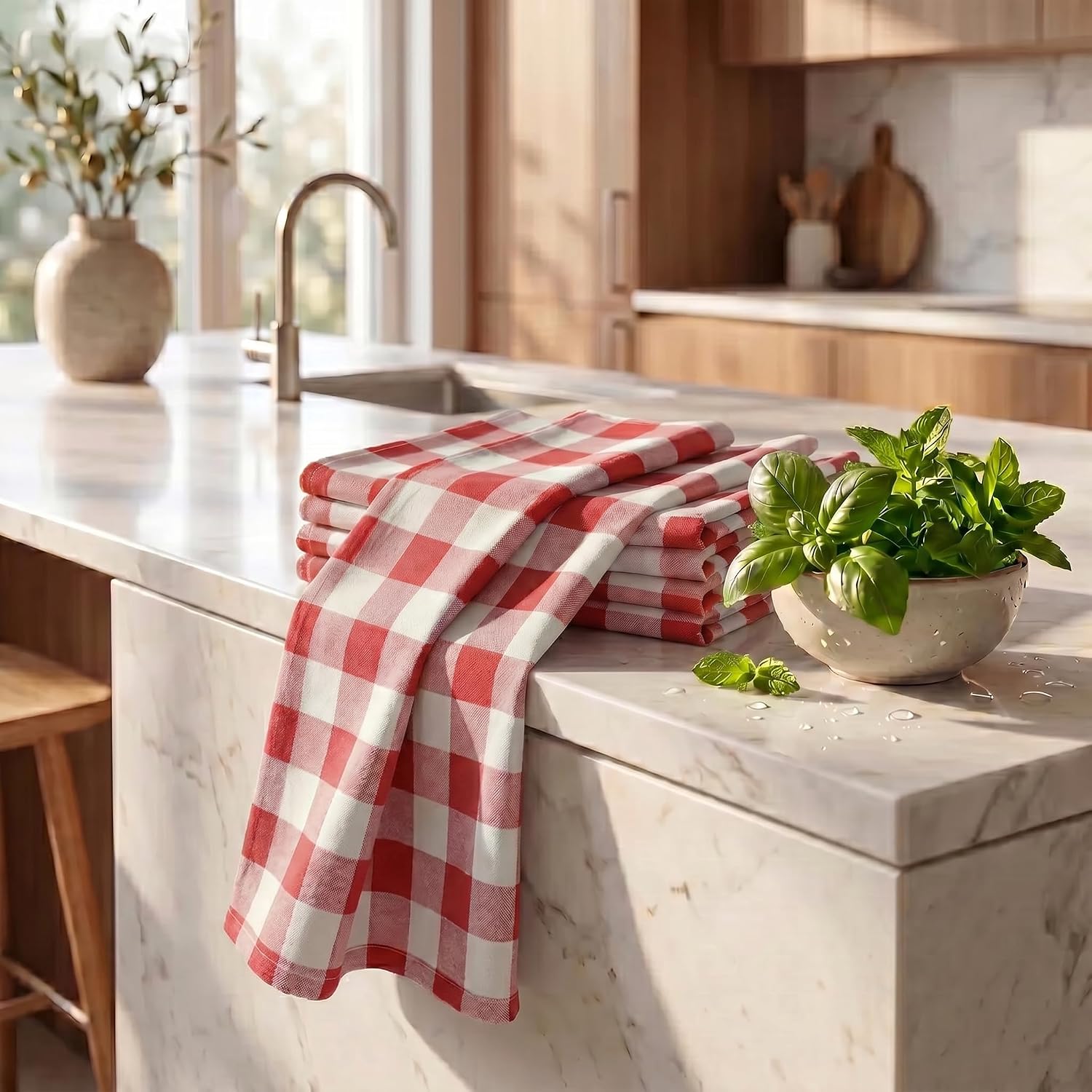 Detalle de Urban Villa Buffalo Checks Rust Kitchen Towels Set of 6 (20x30) — 100% Cotton, Mitered Corners