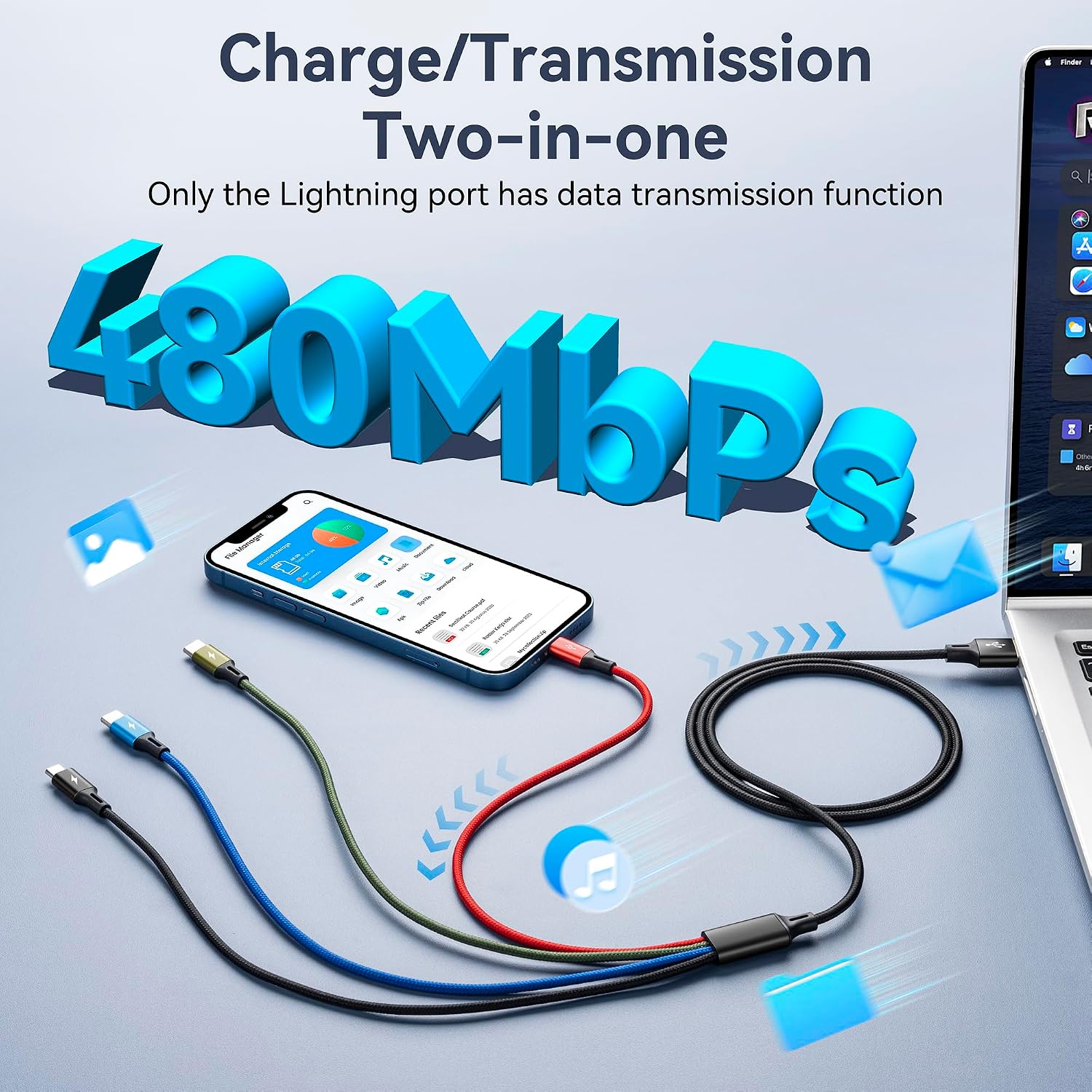 Detalle de MINLU 4-in-1 Dual USB-C Multi Charging Cable (4ft) – Type-C, Lightning, Micro USB