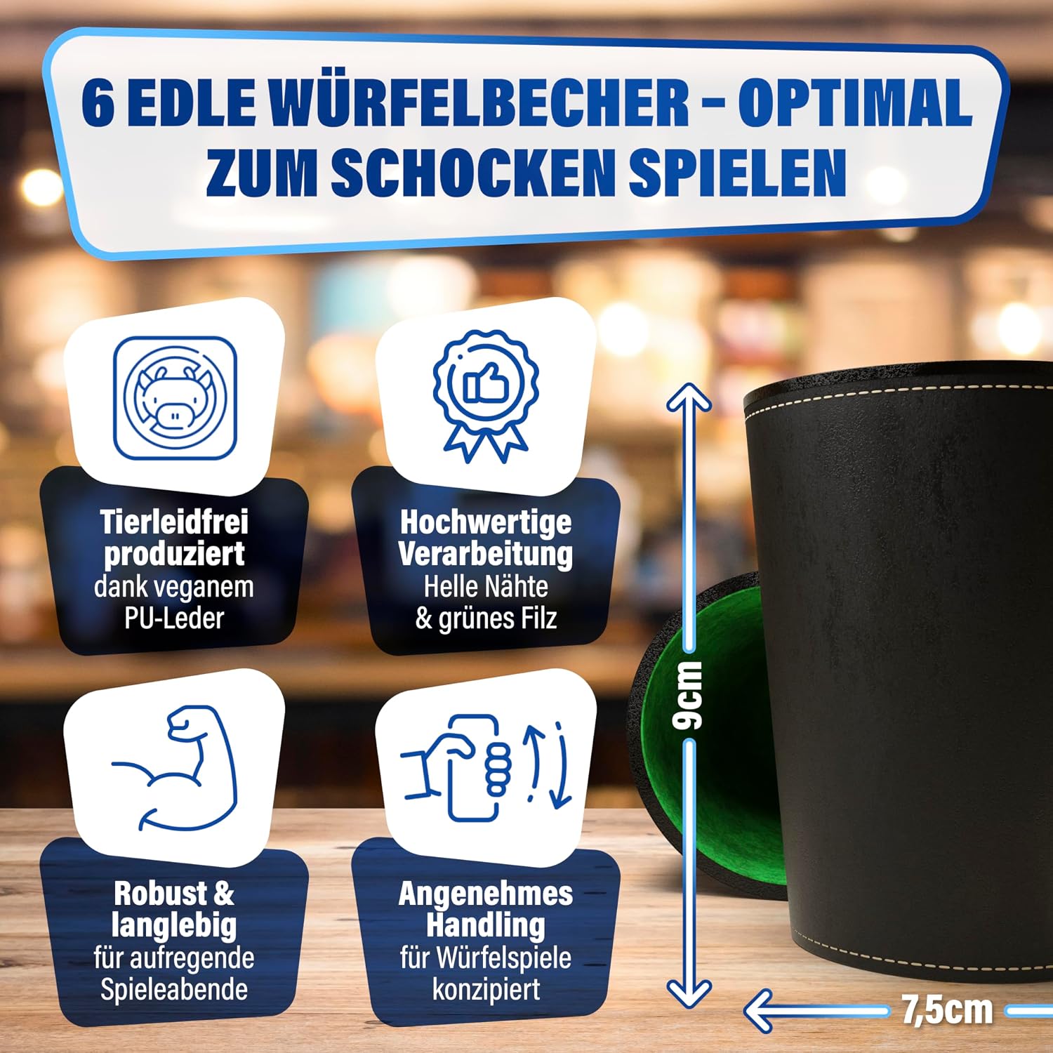 Detalle 1 de Gamingo Schocken Würfelspiel Set mit 6 Bechern