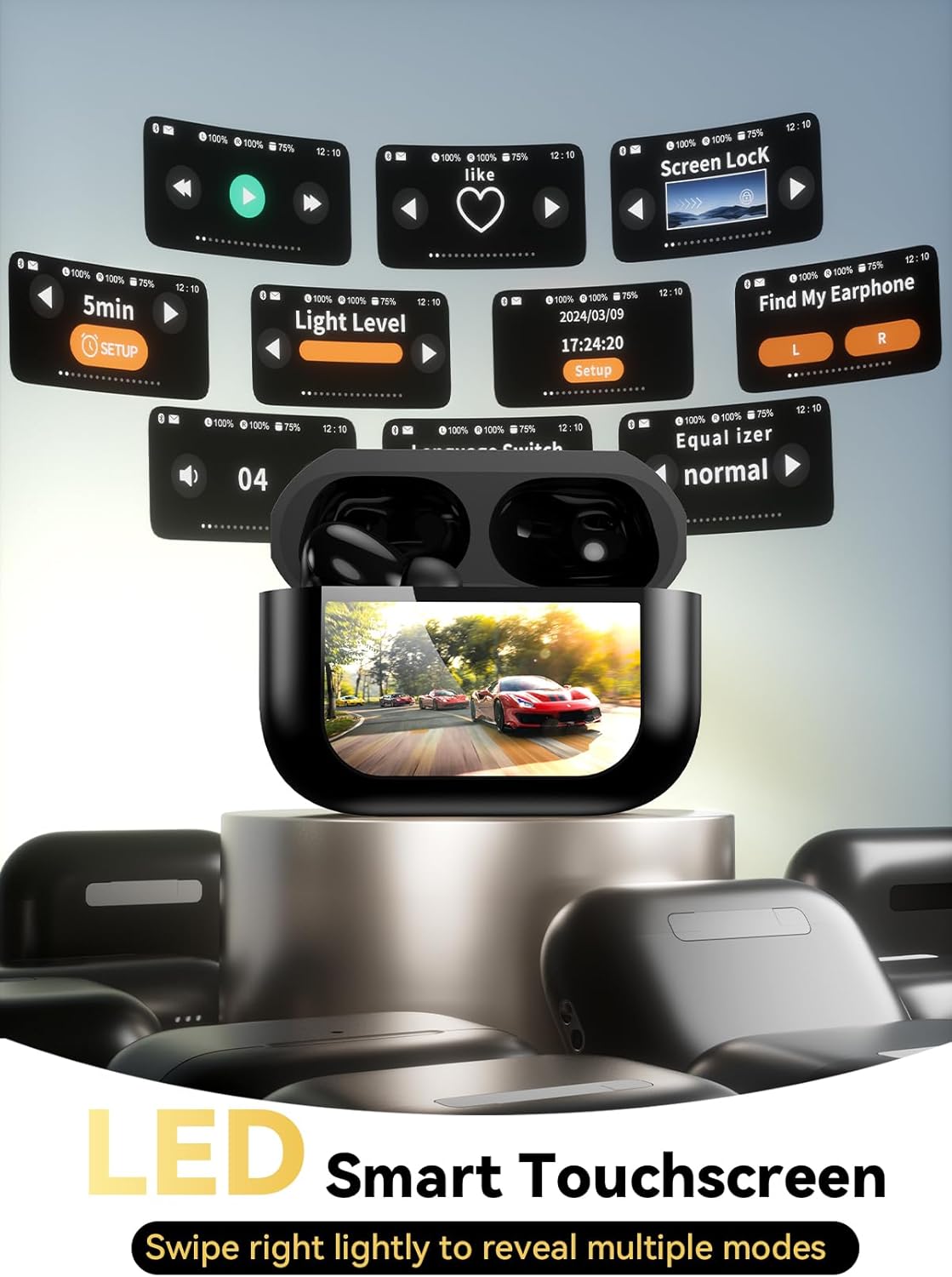 Detalle de ZZU Wireless Earbuds with Smart Touchscreen Case – Bluetooth 5.4, ENC Calls, ANC Noise Cancellation and 48-Hour Battery