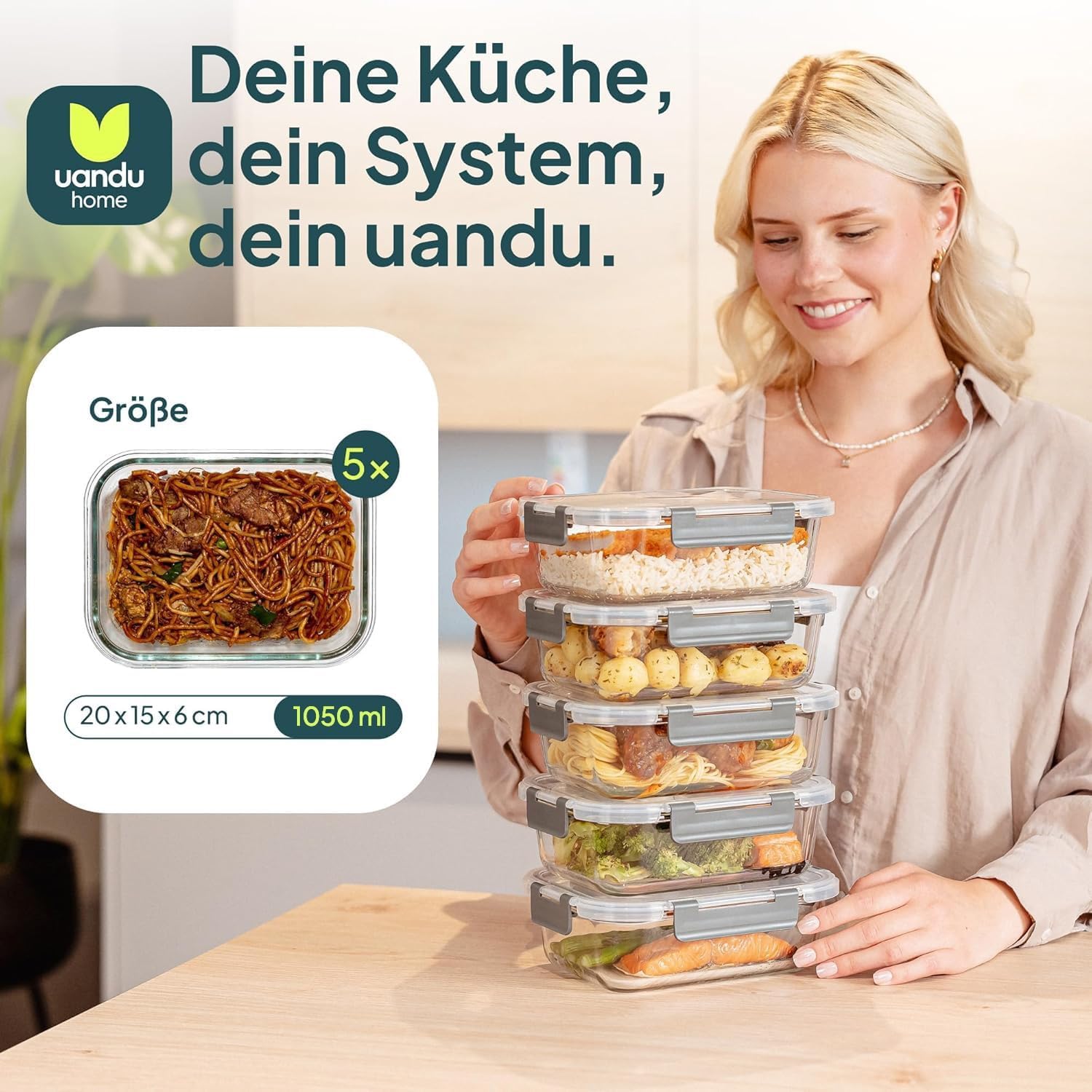 Detalle 2 de uandu Glasbehälter Meal Prep Boxen Set 5-tlg