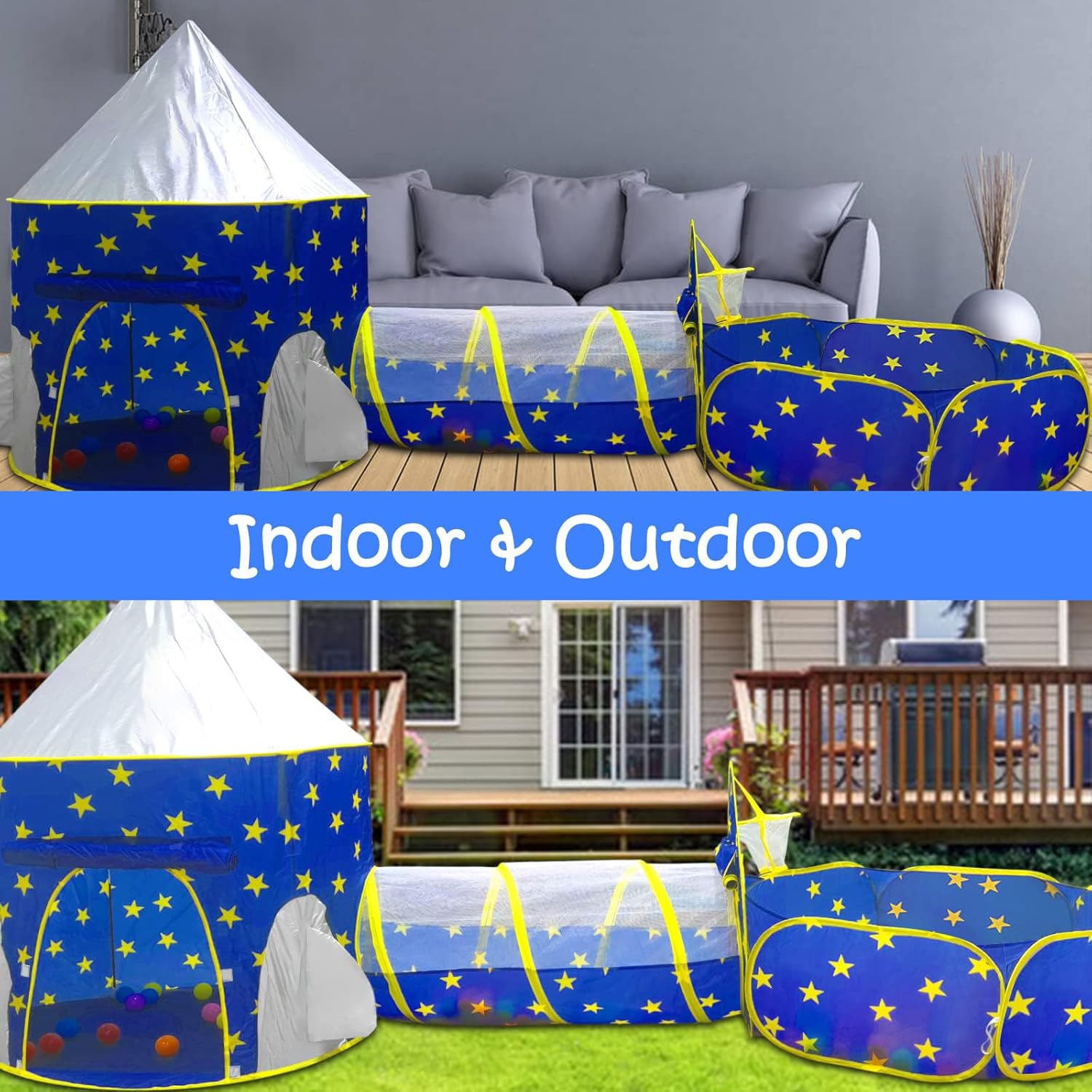 Thumbnail 2 de PigPigPen 3pc Kids Play Tent Set with Ball Pit and Crawl Tunnel (Space Theme)