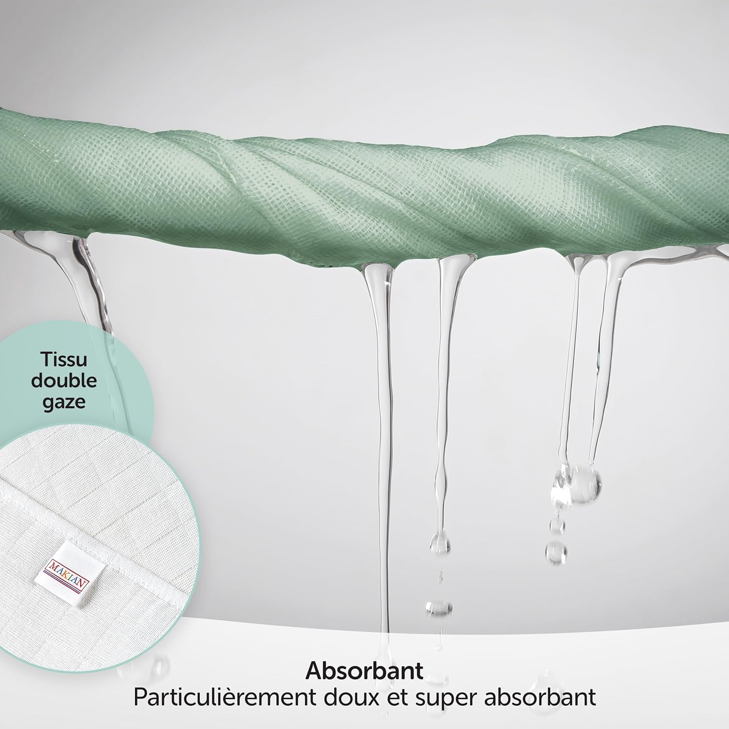 Thumbnail 2 de MAKIAN Lange bébé en mousseline 70x70 cm (lot de 4) — coton double gaze certifié Oeko-Tex, verts/blanc/menthe/gris