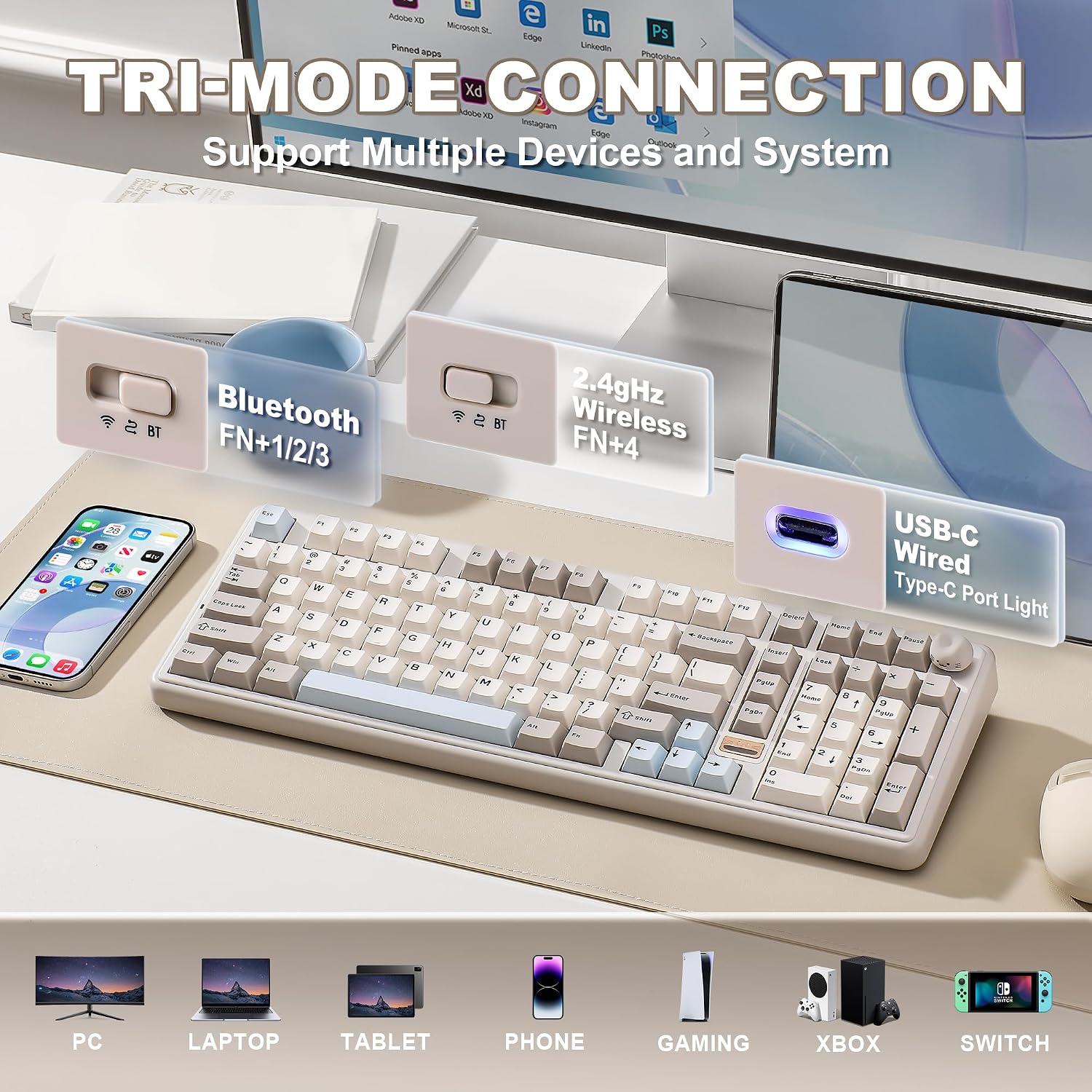Detalle de YUNZII B98 Pro QMK/VIA Wireless Mechanical Gaming Keyboard (96% layout, cat knob, BT/2.4G/USB-C)