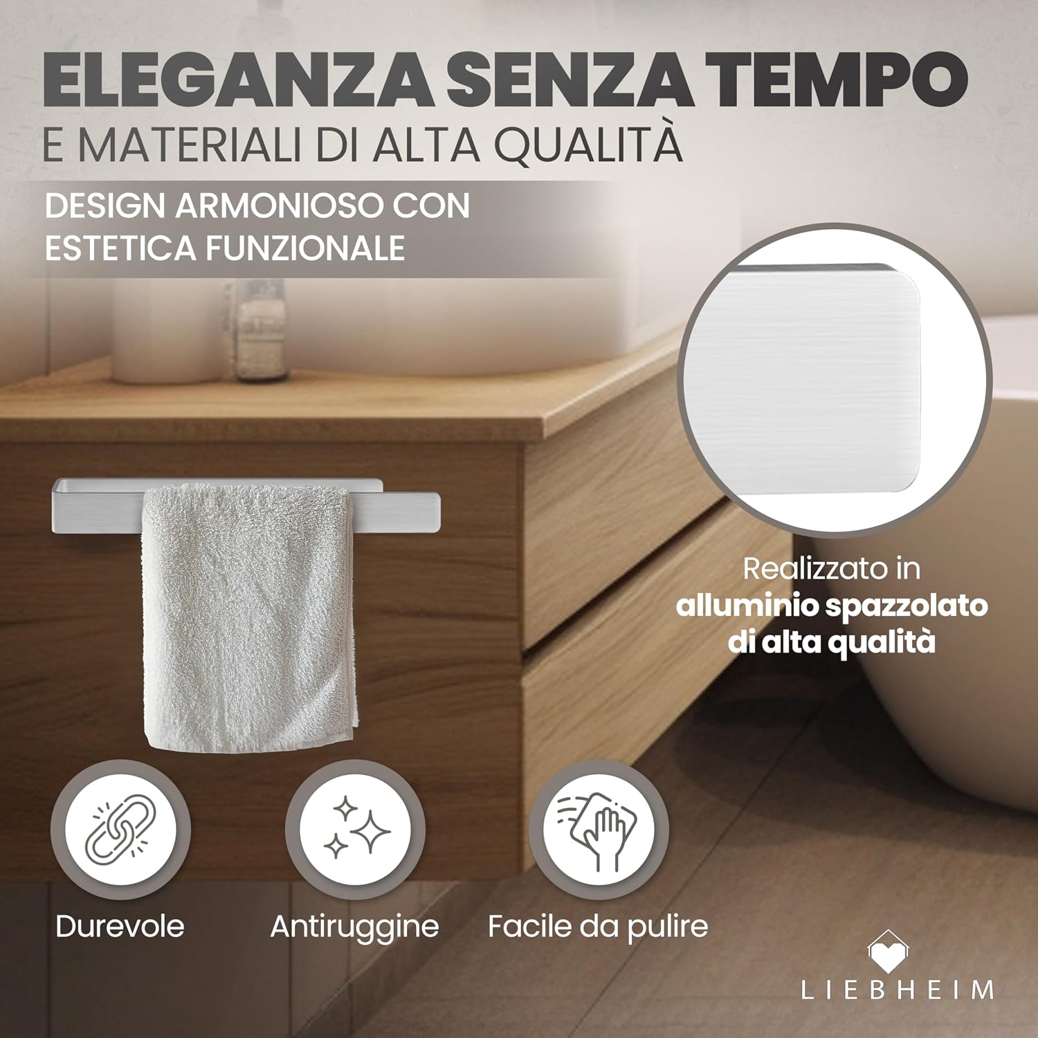 Detalle de LIEBHEIM portasciugamani adesivo da parete in alluminio spazzolato, 40 cm (senza forare)