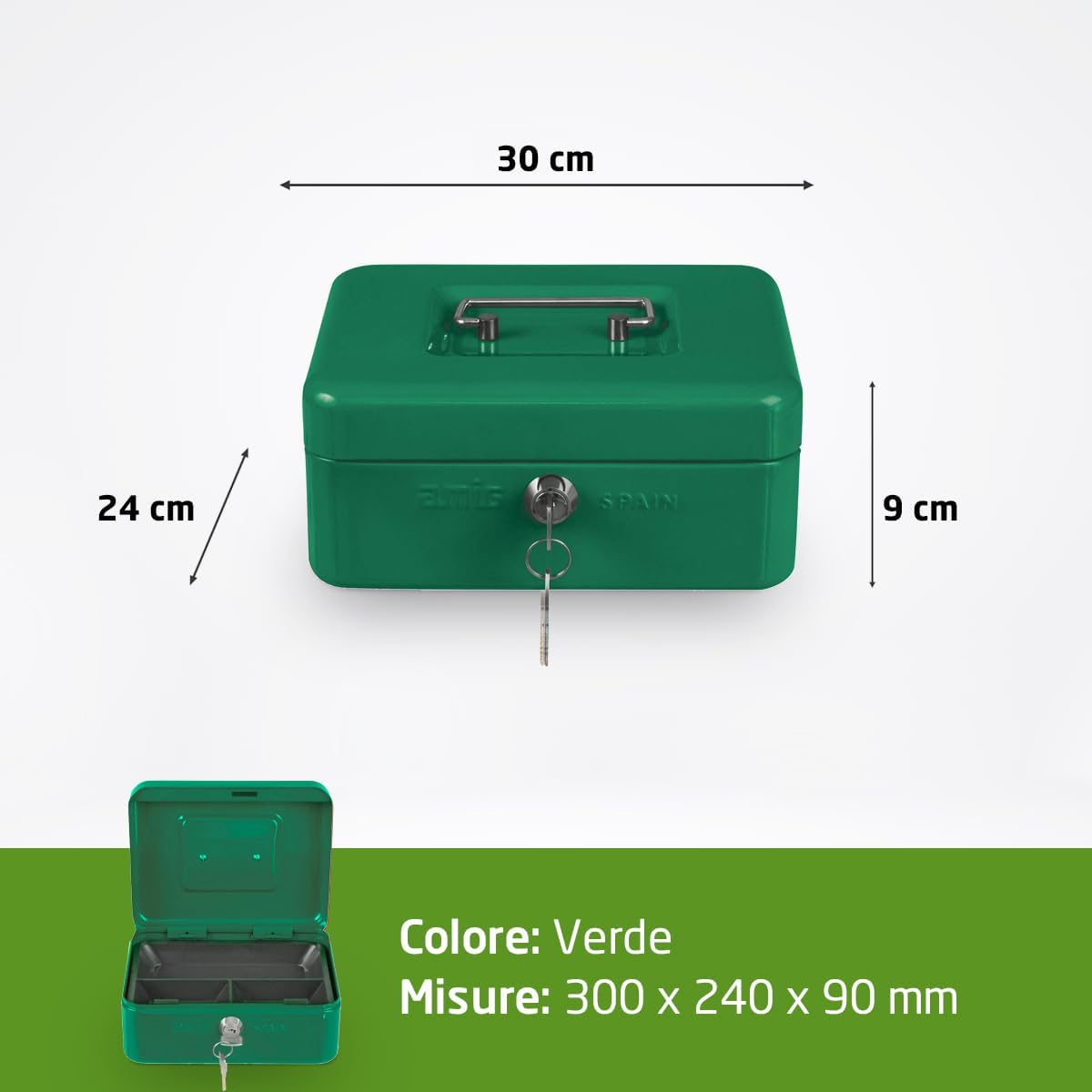 Thumbnail 5 de Amig - Cassetta portavalori in acciaio verde con vassoio monete e serratura a 2 chiavi (200 x 160 x 90 mm)