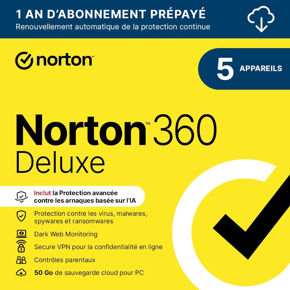 Norton 360 Deluxe 2026, 5 appareils, abonnement 1 an