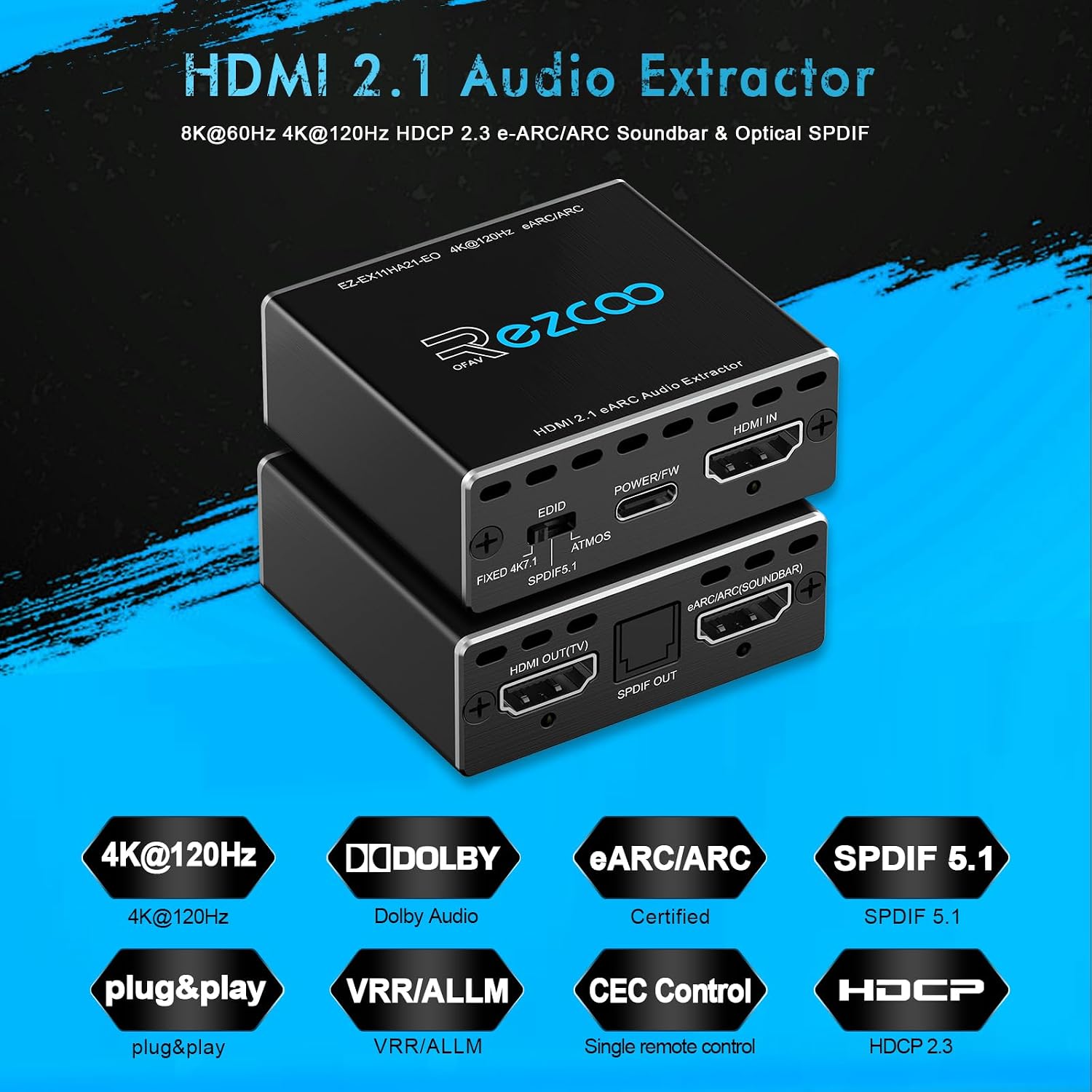 Detalle 2 de ROFAVEZCO 4K@120Hz HDMI 2.1 eARC Audio Extractor mit Dolby Atmos/Vision, VRR und ALLM – Plug & Play für Soundbars