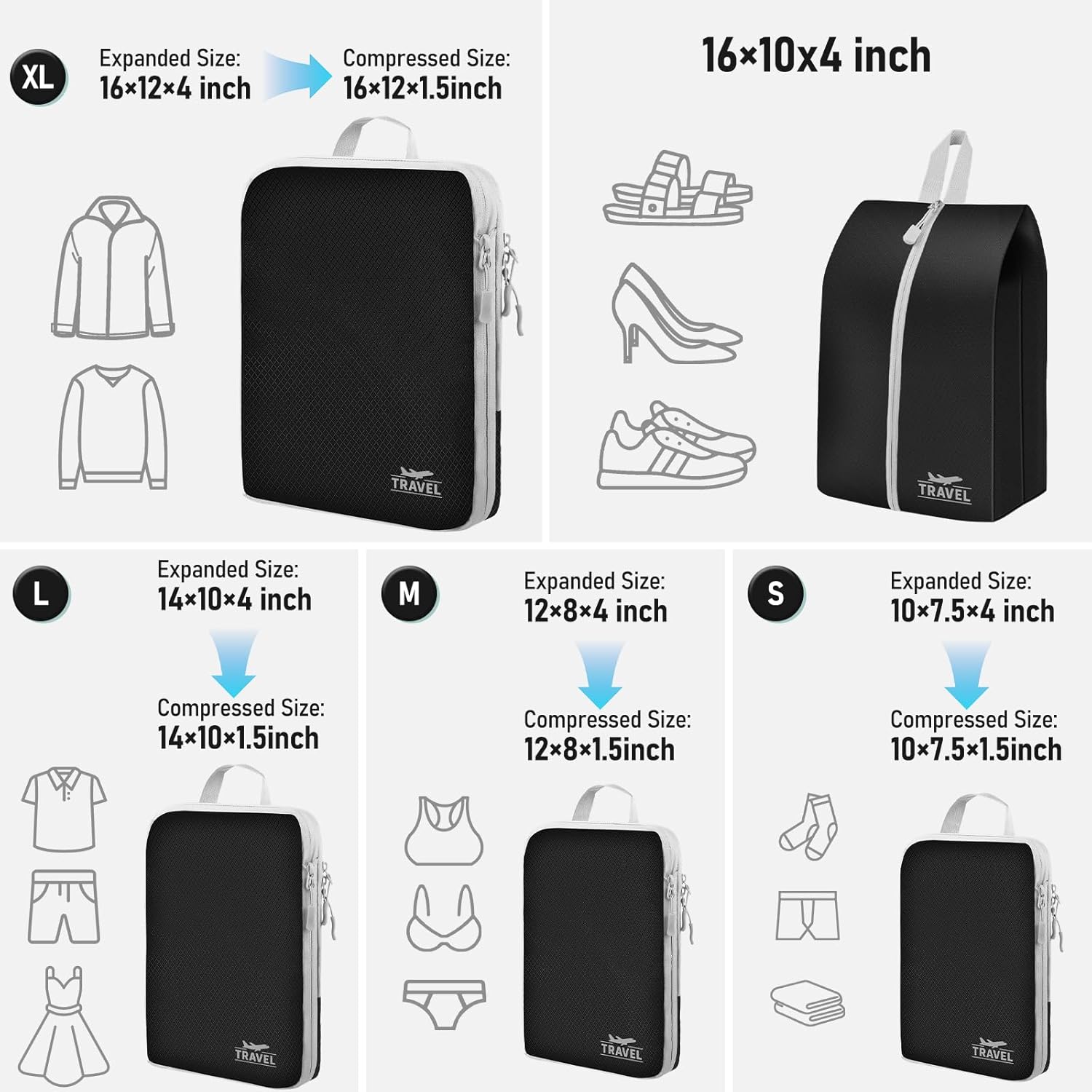 Thumbnail 5 de Compression Packing Cubes for Travel – 5-Piece Set with Shoe Bag