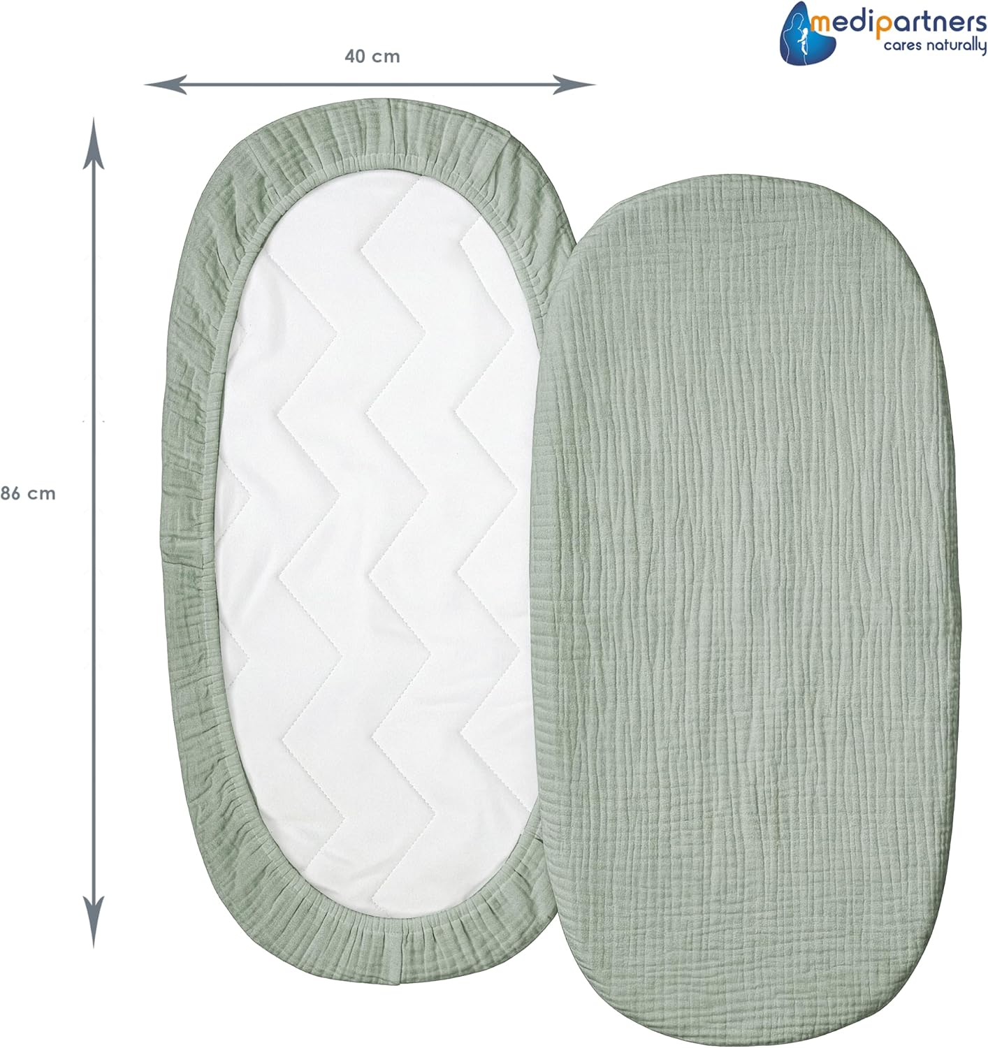 Thumbnail 1 de Medi Partners Lenzuola Lettino Culla 86x40 Set 3 - Lenzuolo Navicella Neonato Cotone Mussole 100% (Oliva-Bianco-Grigio)