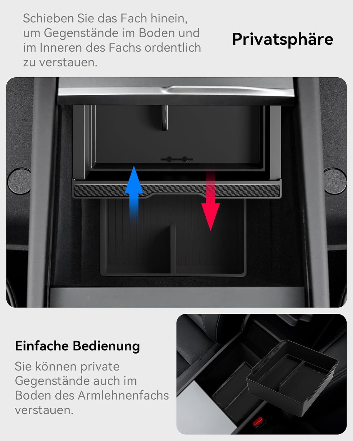 Detalle de VIHIMAI 4-teiliges Mittelkonsolen-Organizer-Set für Tesla Model Y 2025 Juniper (Schwarz) mit Unterteilungen