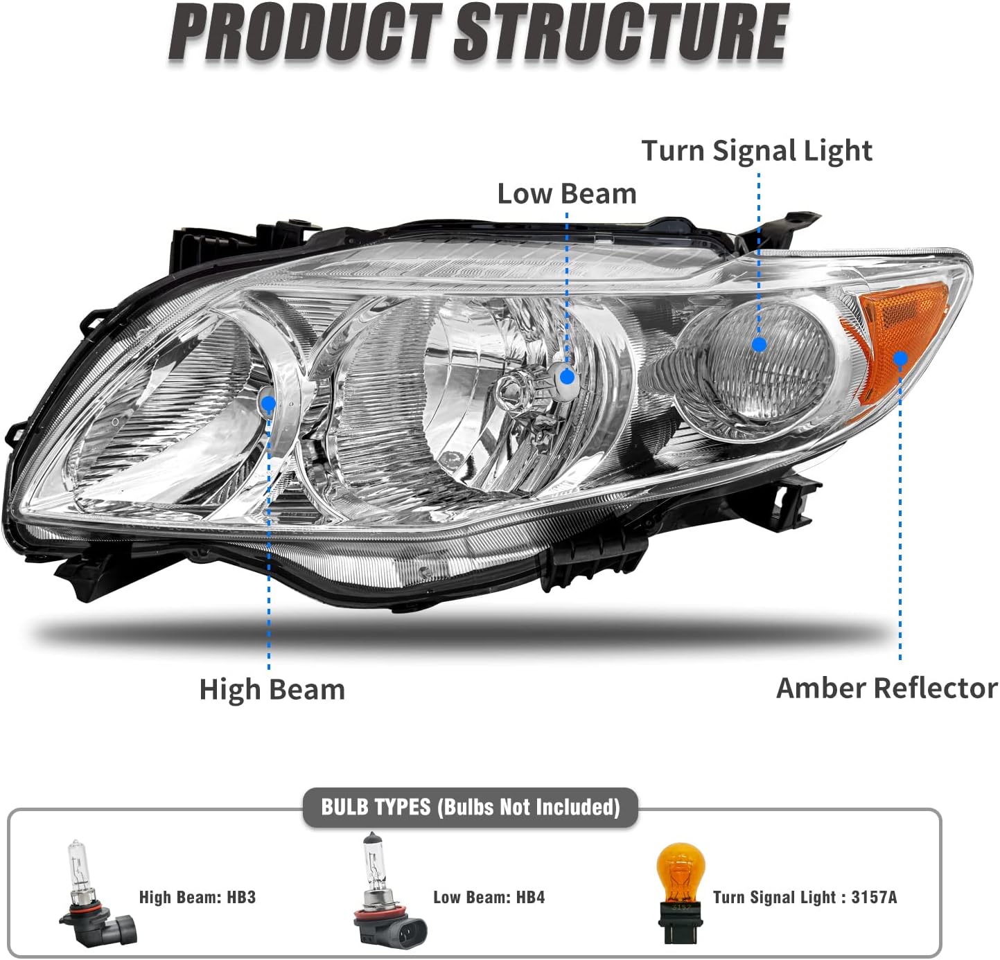 Detalle de ADCARLIGHTS Headlight Assembly Pair for 2009-2010 Toyota Corolla (Clear Lens, Chrome Housing, Amber Reflector) W/O Bulbs