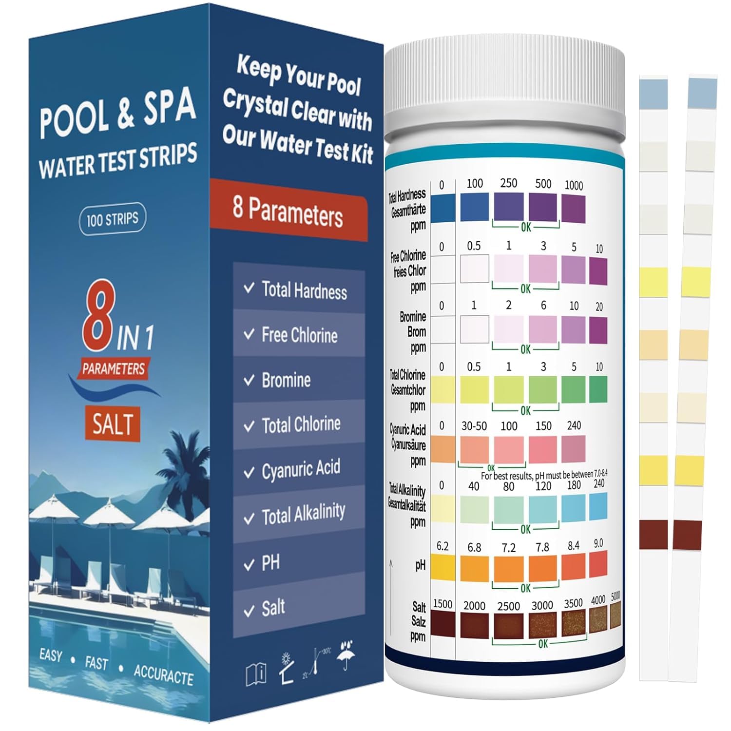 Thumbnail 6 de Joyzakzak 7-in-1 Pool-Teststreifen: pH & Chlor/Cyanursäure für Pool und Whirlpool (100 Stäbchen)