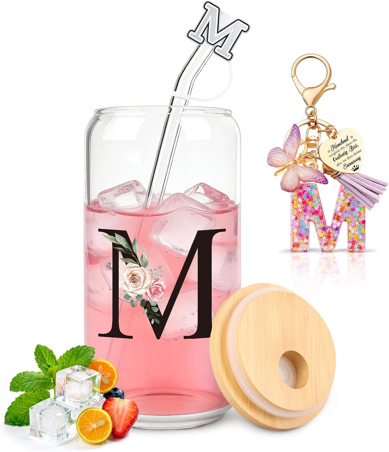 Detalle de TUZELIYA M Personalisiert – Glasbecher mit Deckel & Strohhalm, Initialien-Schlüsselanhänger, personalisiertes Geschenkset