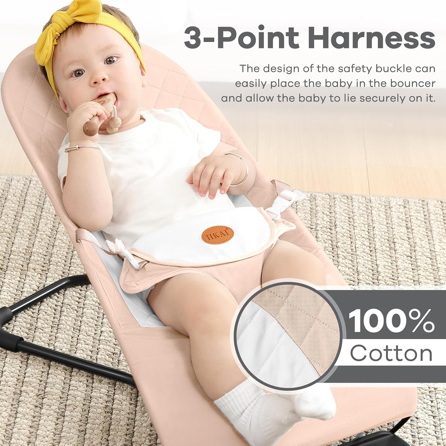 Detalle 2 de HKAI Baby Bouncer, Portable Cotton Infant Seat with 3 Recline Positions and Toys