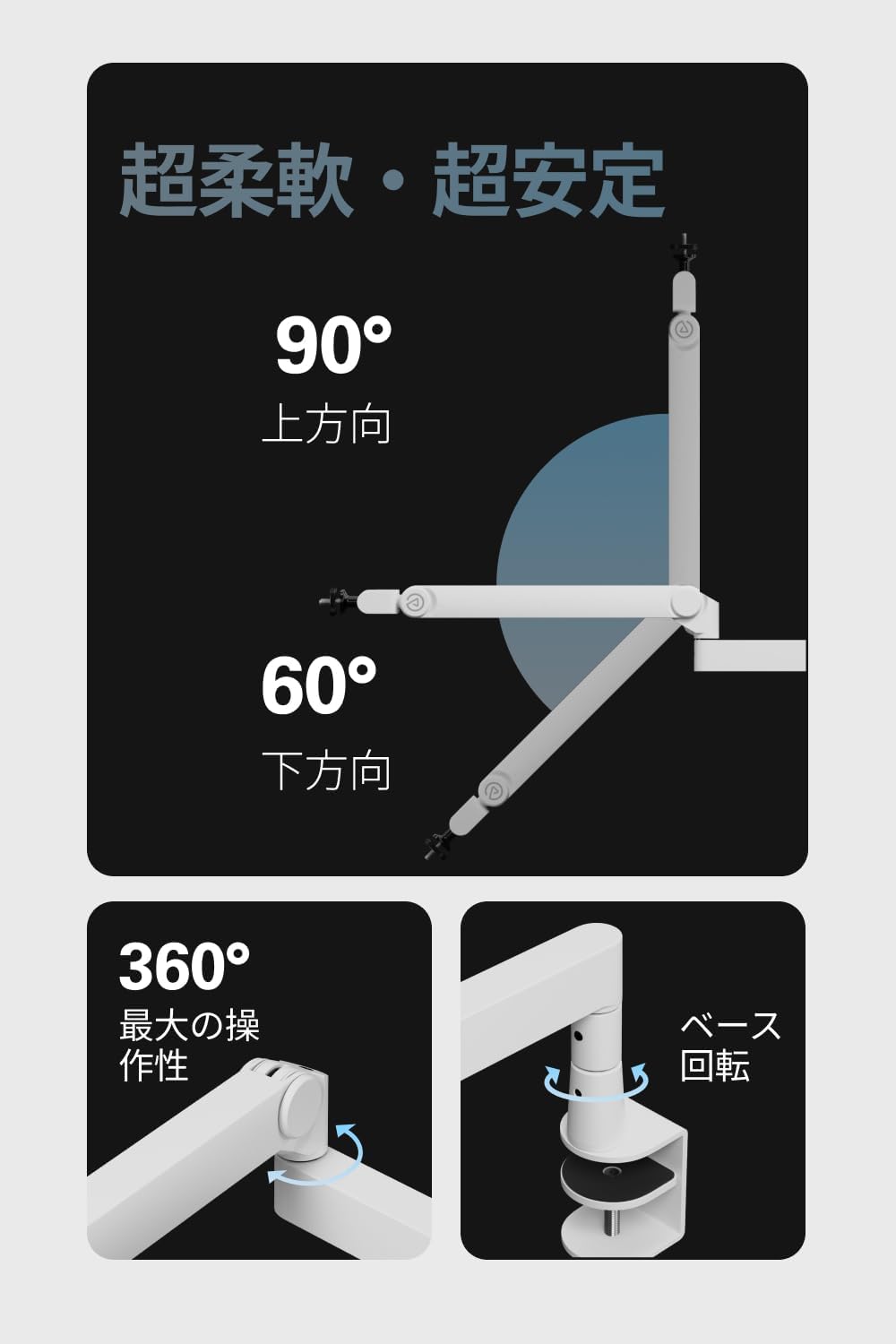 Detalle de Elgato Wave Mic Arm Pro White 低位置設置型マイクアーム、360°回転・ガススプリング式