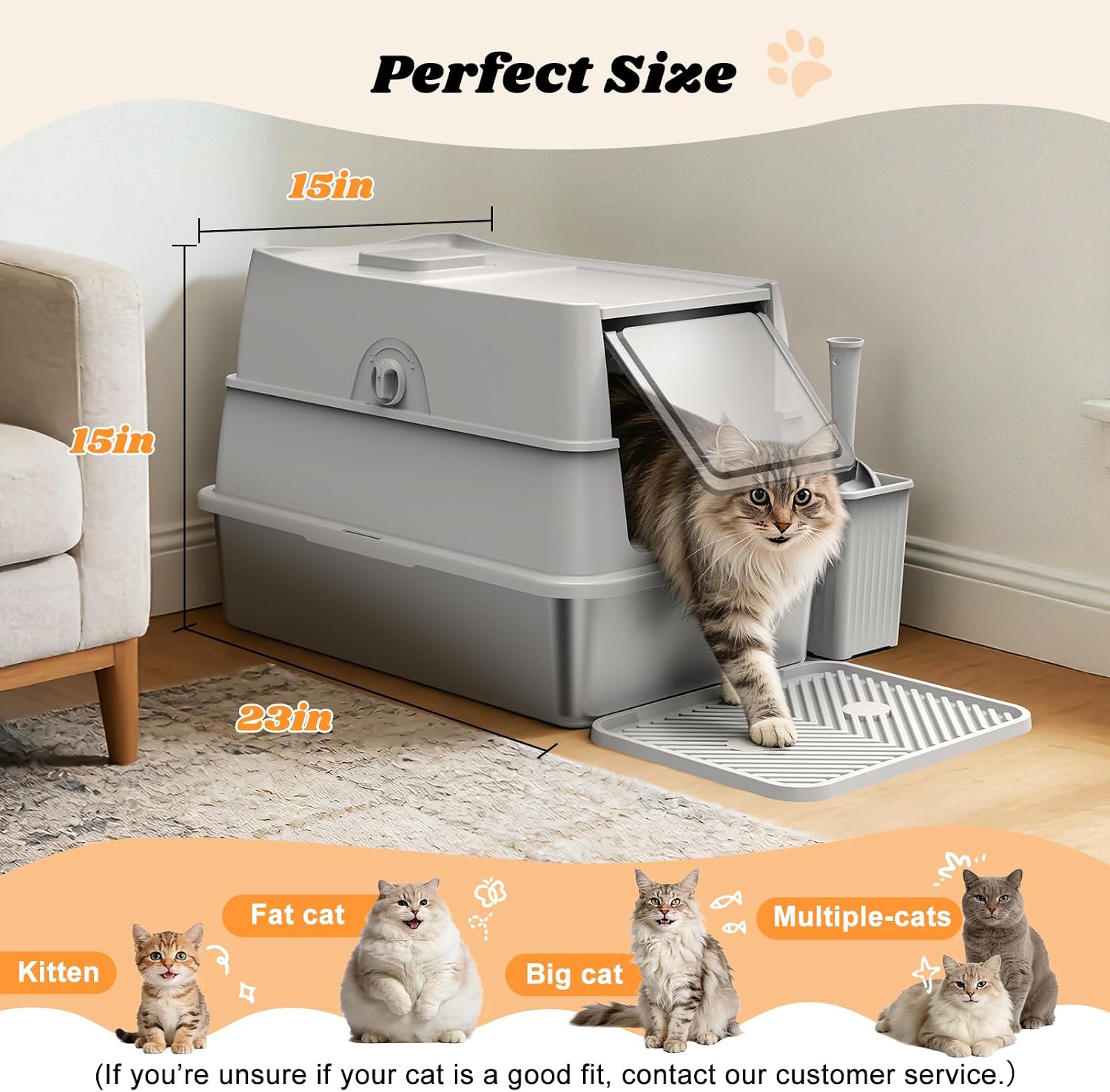 Thumbnail 6 de FURTIME XXL Stainless Steel Cat Litter Tray with Lid (3-in-1): Enclosed, High-Sided 58x38x38 cm for Large Cats