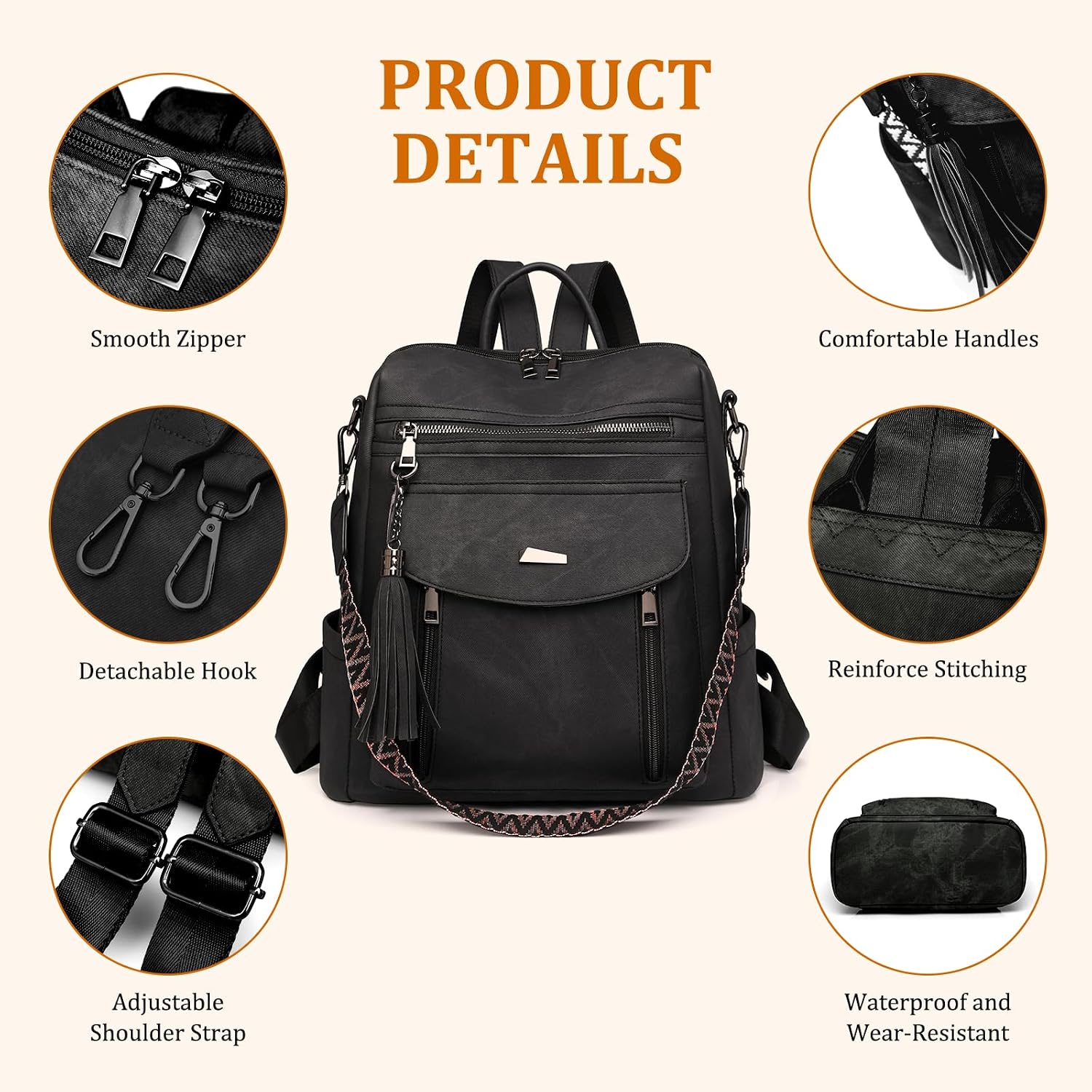 Thumbnail 4 de Puwuzixi Backpack for Women: Fashion PU Leather, Multi‑Pocket Daypack with 4 Carry Styles