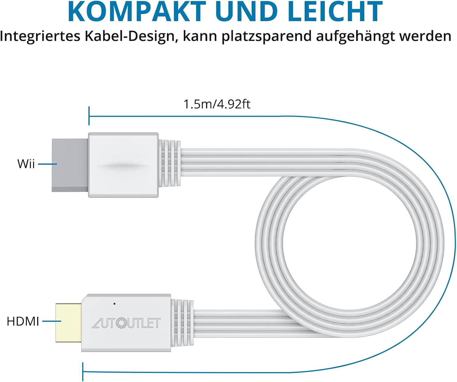 Detalle de AUTOUTLET Wii HDMI Adapter – Plug & Play, 150 cm Kabel, 720p/1080p Konverter für Wii