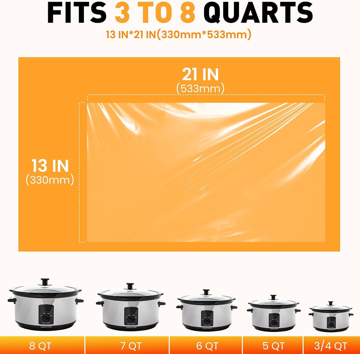 Detalle 2 de 100 Pack Slow Cooker Liners, Large 13" x 21" – BPA-Free, Fits 3–8 Quart Pots