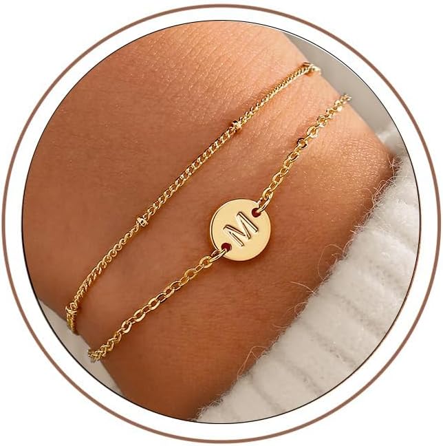 Detalle de TINGN 2-in-1 Armband Damen mit Initial-Scheiben, 18K Weißgold/Gold vergoldet – mit Verlängerungskette