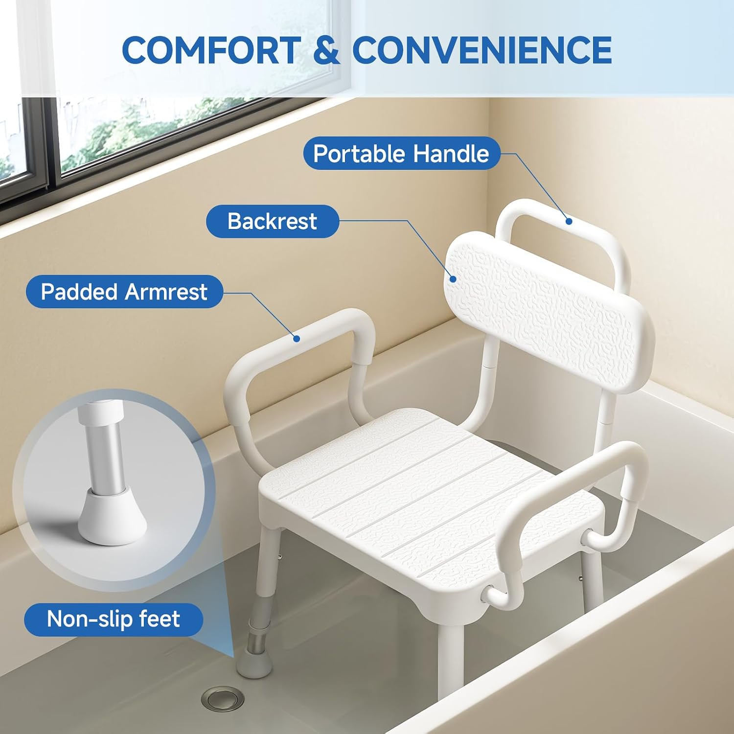 Detalle de Loyoda LSC-009 Shower Chair with Back and Arms, Adjustable Height