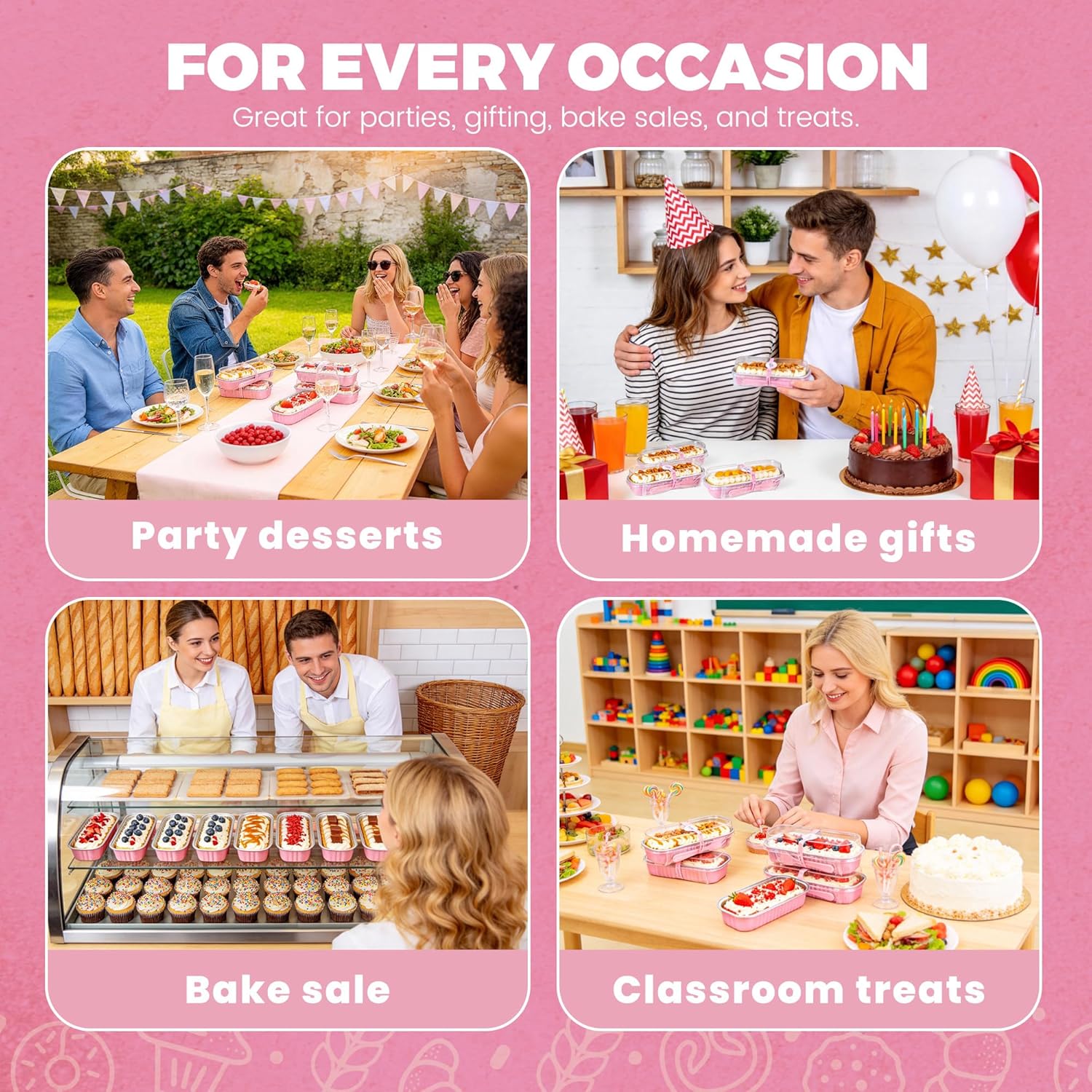 Detalle 2 de NPLUX 50-Pack Mini Cake Pans with Lids and Spoons (Rectangular Aluminum Foil Bread Pans) – Pink, 6.8 oz