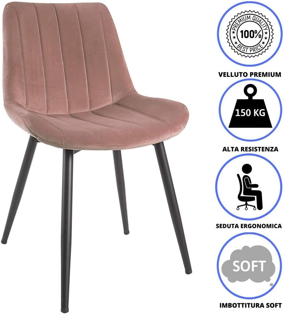 Detalle 1 de Sedia in velluto rosa con gambe in metallo nere 51,5x58x82 cm – stile Glam