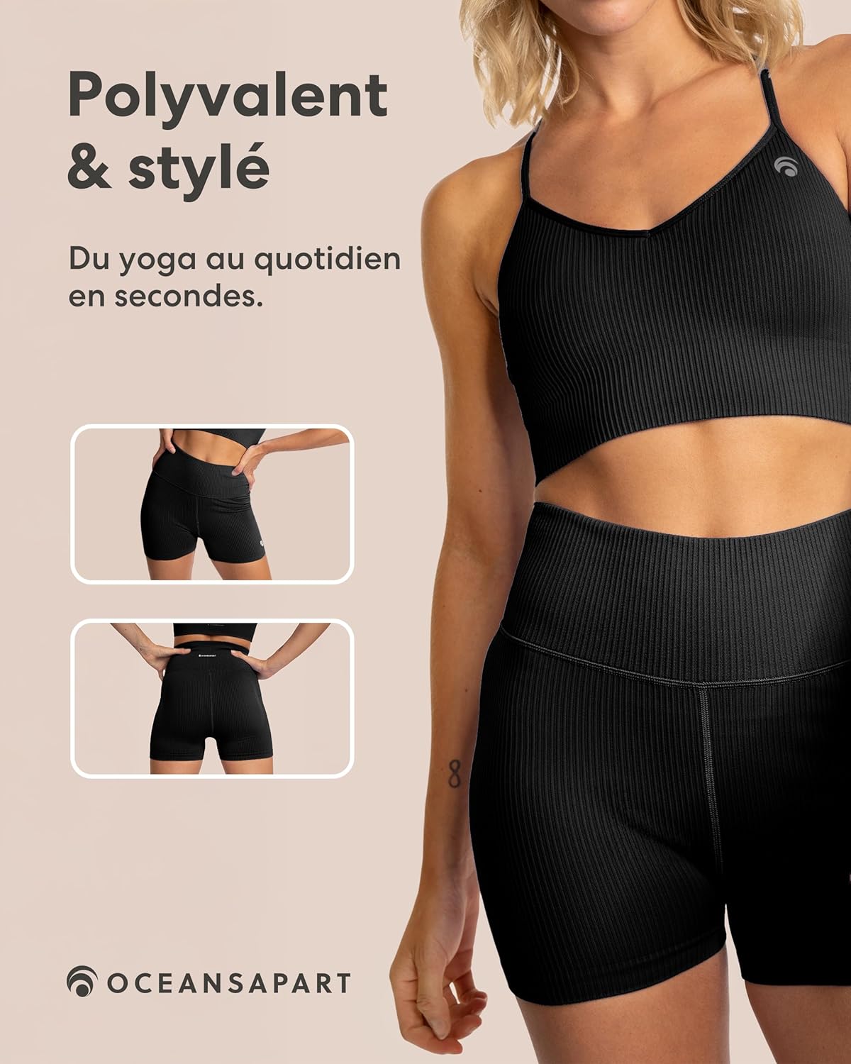 Detalle de Short de cyclisme femme OCEANSAPART Maya — taille haute côtelée opaque et anti-squadproof