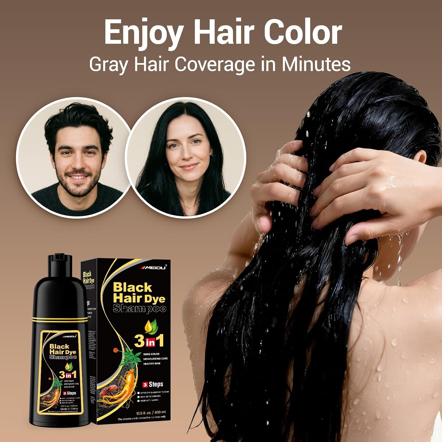 Thumbnail 1 de IIIMEIDU MEIDU Black Hair Dye Shampoo 3 in 1 — Gray Coverage, Semi-Permanent Color for Color-Treated Hair