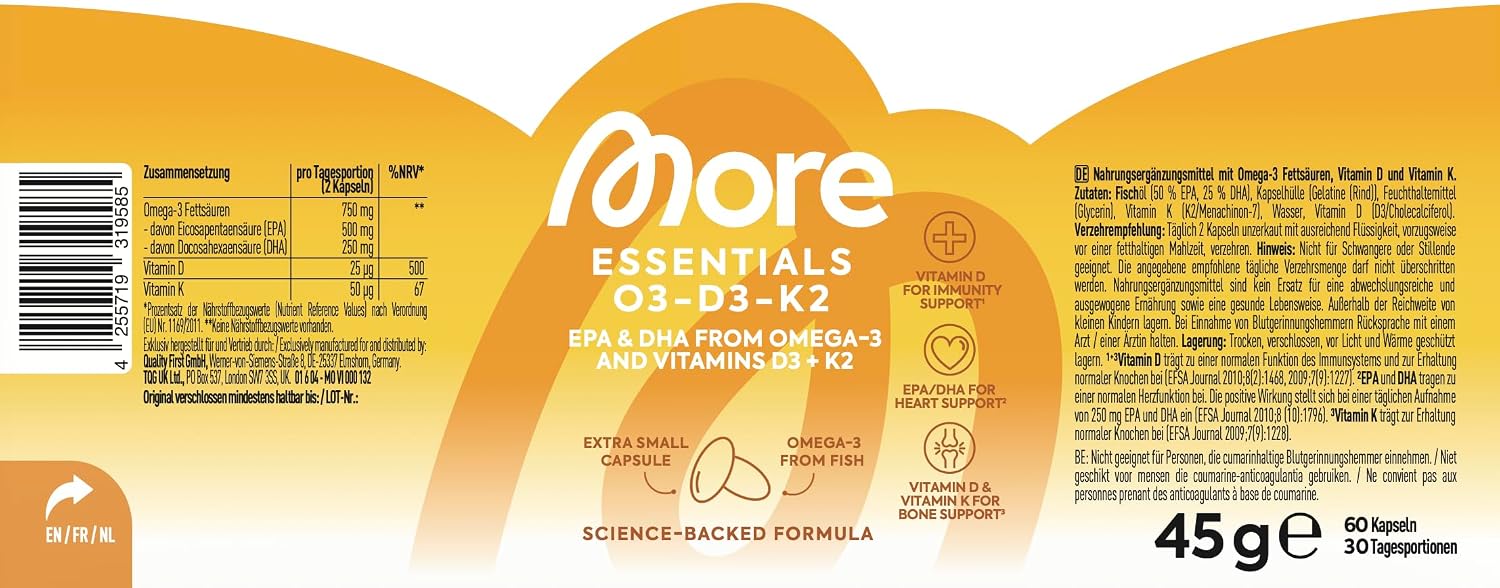 Detalle de MORE Essentials O3-D3-K2: 60 Fischölkapseln mit 500 mg EPA & 250 mg DHA, Vitamin D3 & K2