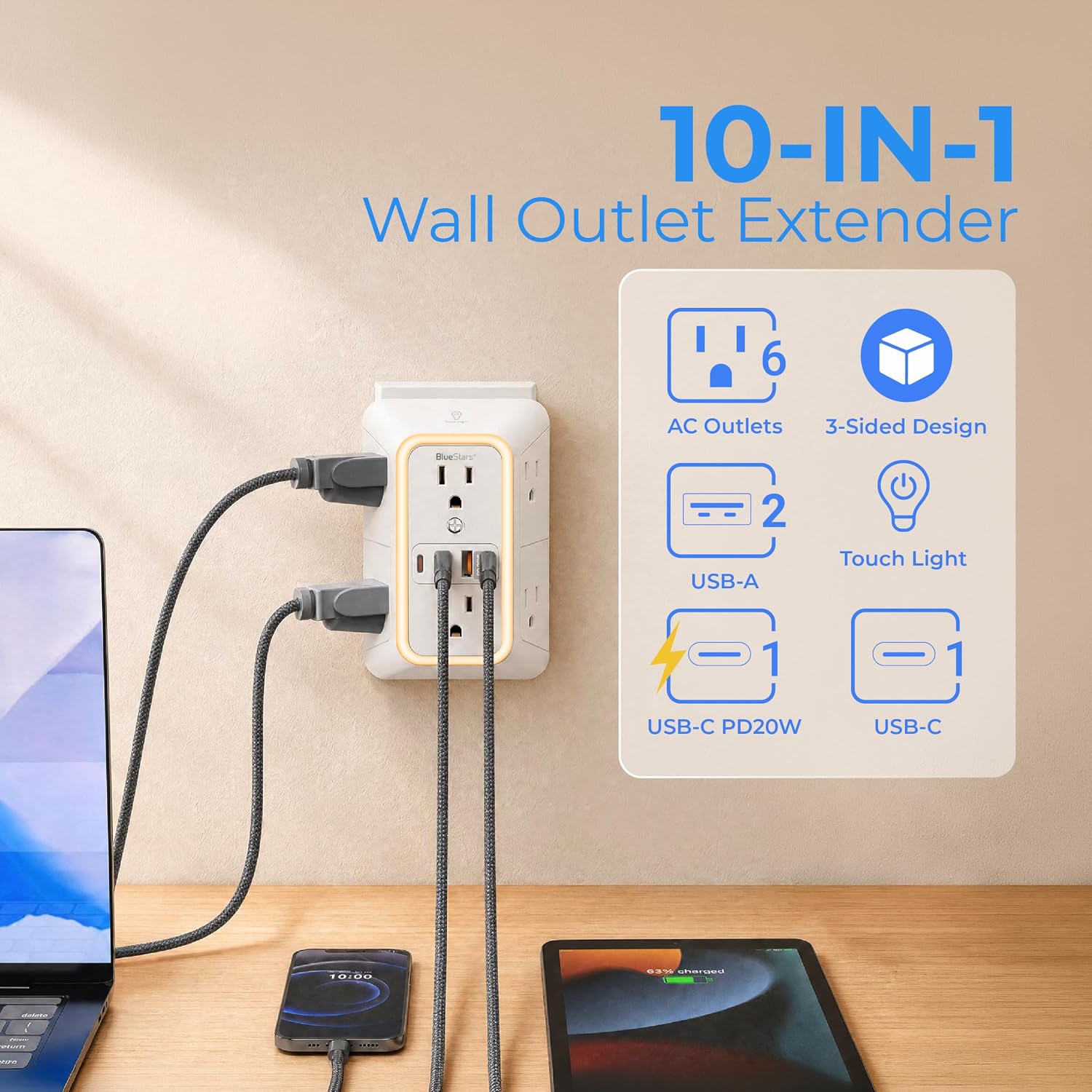 Thumbnail 1 de BlueStars 606USBC Surge Protector Outlet Extender, 6 Outlets, 4 USB Ports