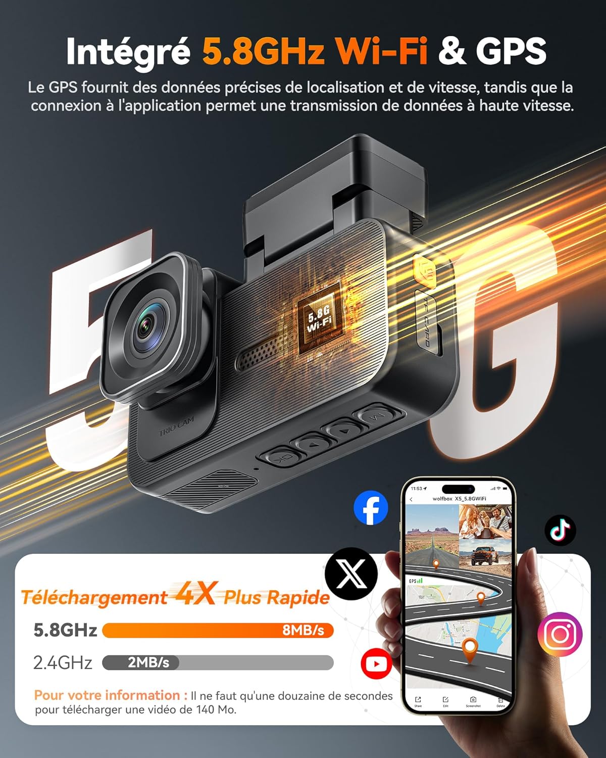 Thumbnail 5 de WOLFBOX Starvis 2 IMX678 (X5) – Caméra de voiture 3 canaux 4K+2,5K+1080P avec GPS, Wi‑Fi 5,8 GHz et commande vocale