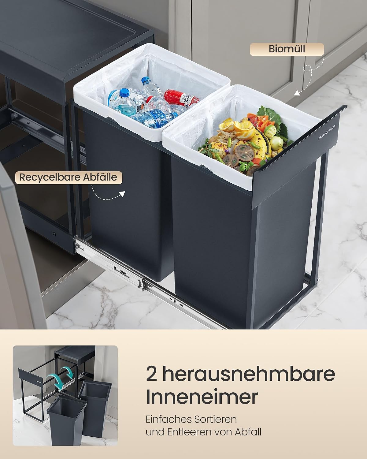 Detalle de SONGMICS LTB950GZ01 Mülleimer für Küchenschrank, Mülltrennsystem mit 2 x 15 L, ausziehbar, grau