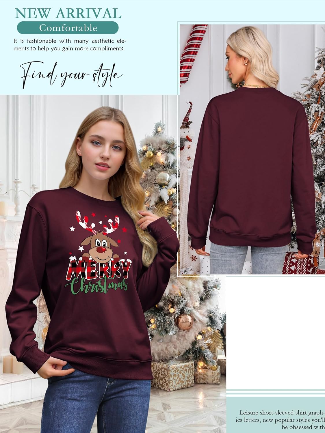 Detalle 2 de Yihelian Damen-Sweatshirt mit Rentier-/Elch-Motiv aus Baumwolle – Rundhals-Weihnachtspulli
