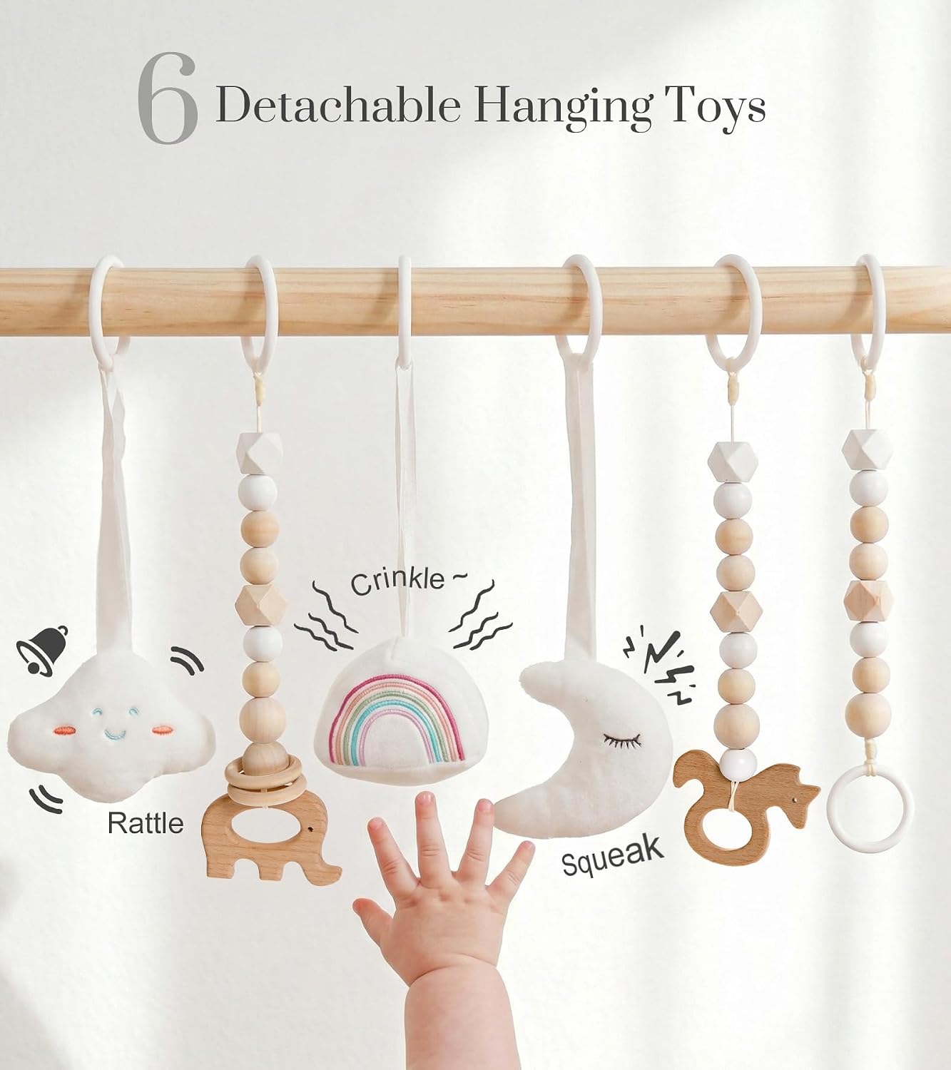 Detalle 2 de Mallify HTBG-01 Wooden Baby Gym with 6 Hanging Toys, Foldable Pine Frame