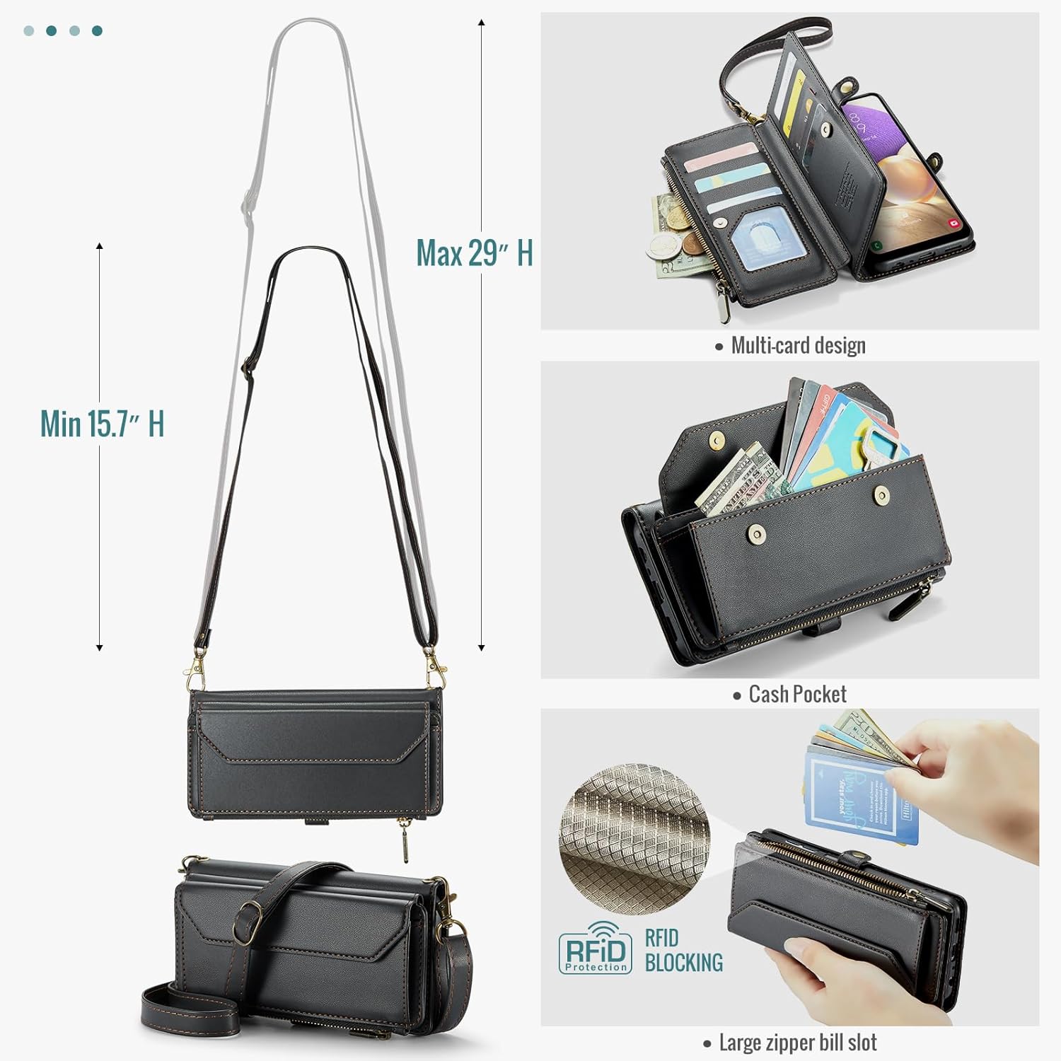 Thumbnail 3 de Phone Case for Samsung Galaxy A32 5G 2021 6.5 inch – Zipper Wallet Cover with Screen Protector and RFID Blocking Card Holder