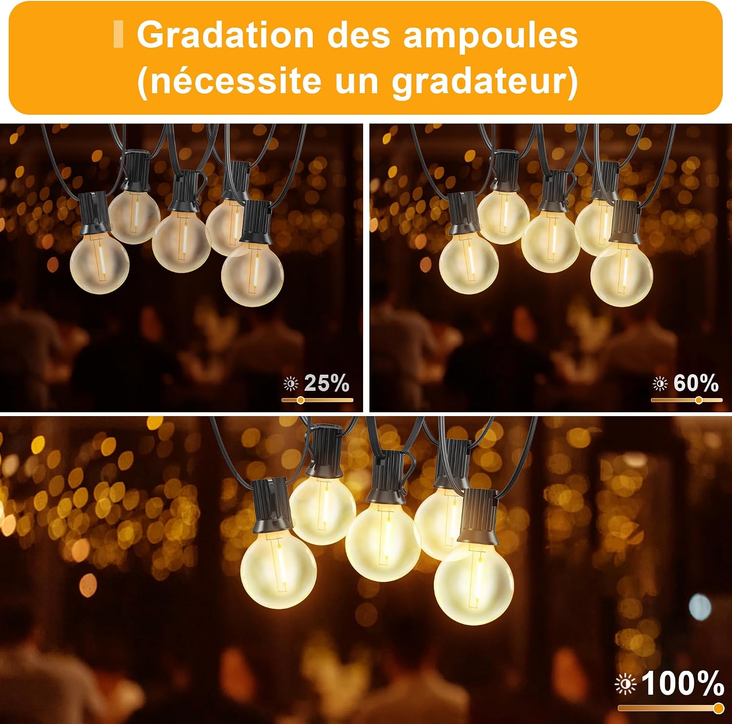 Detalle de Guirlande Lumineuse Guinguette Exterieur 33,5 m (G40) par Torkase – 52 LED, IP54, câble secteur, ambiance chaleureuse