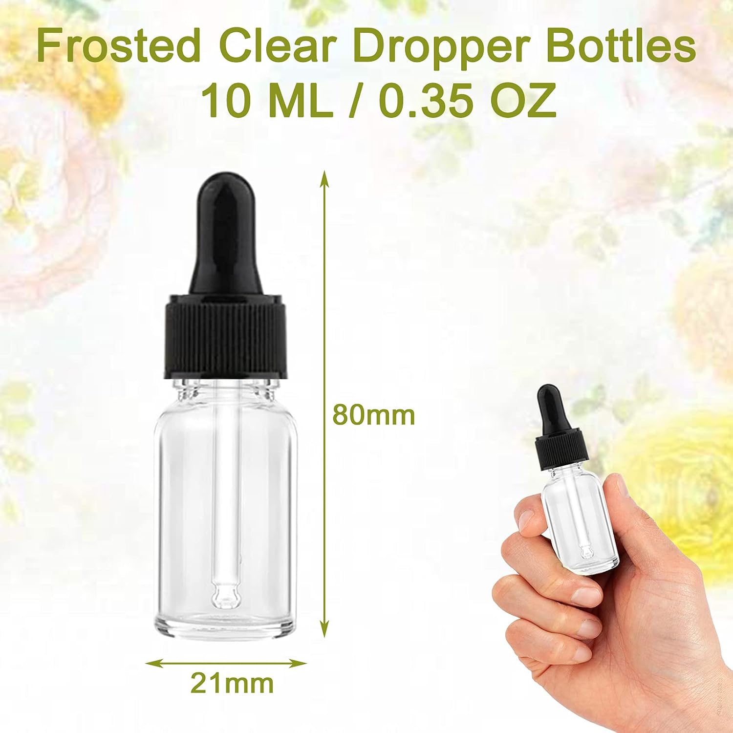 Detalle de Alledomain 10Pcs 10ml Glass Dropper Bottles with Black Cap – Refillable Essential Oil Containers