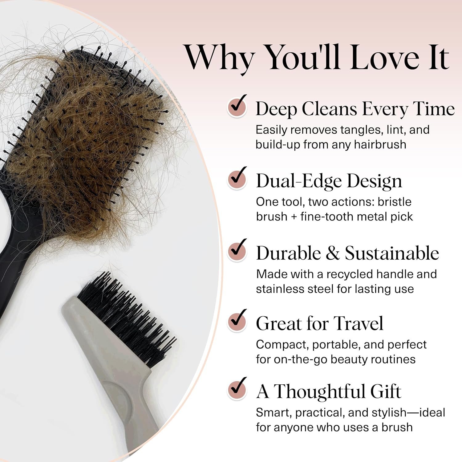 Detalle de Kitsch Brosse à cheveux double face 2 en 1 : outil de nettoyage et de retrait des nœuds